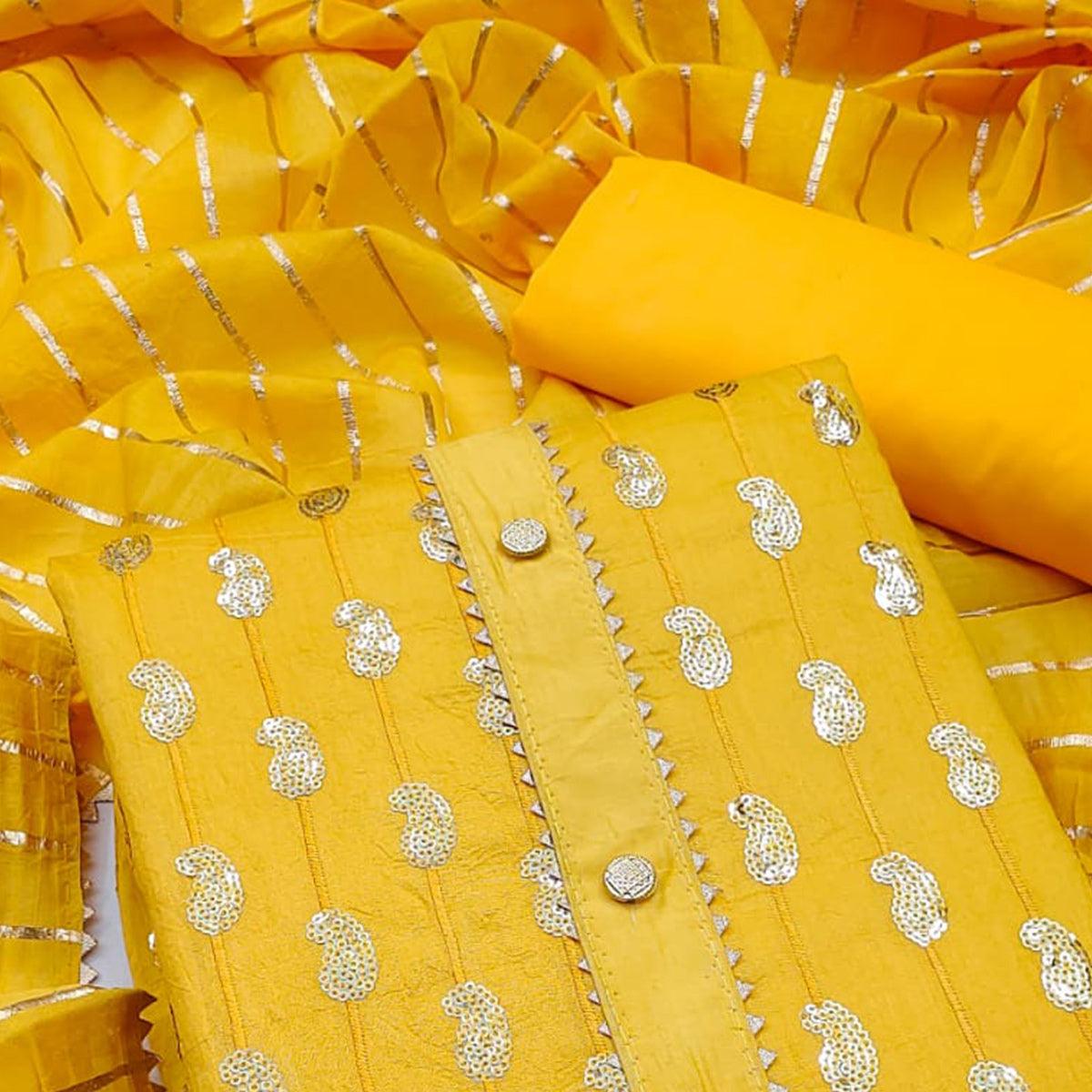 Yellow Sequence Embroidered Pure Cotton Dress Material - Peachmode