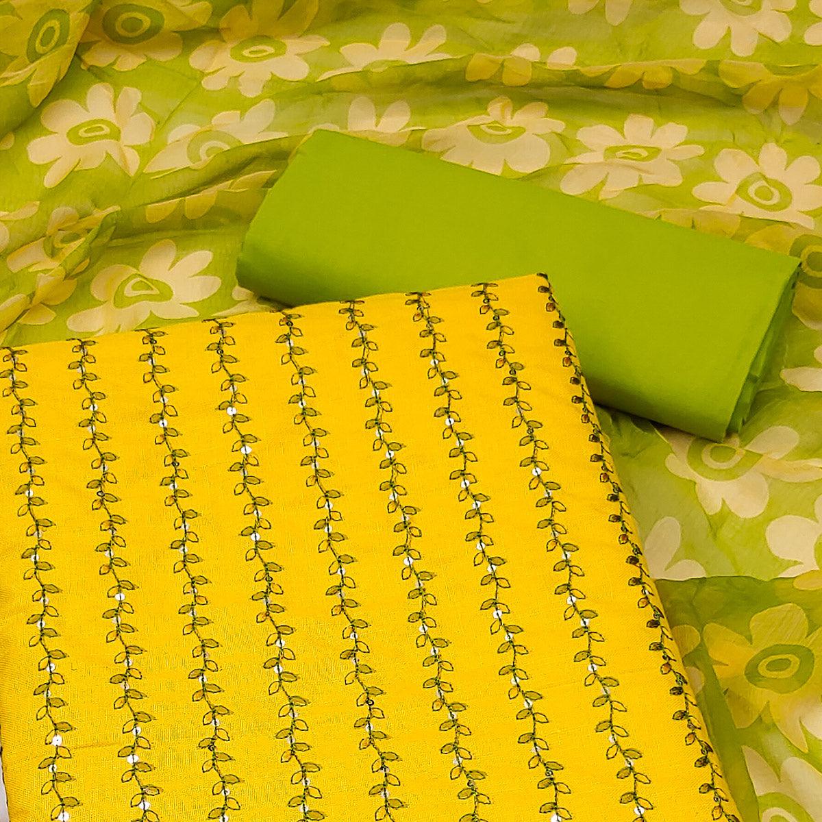 Yellow Sequence Embroidered Pure Cotton Dress Material - Peachmode