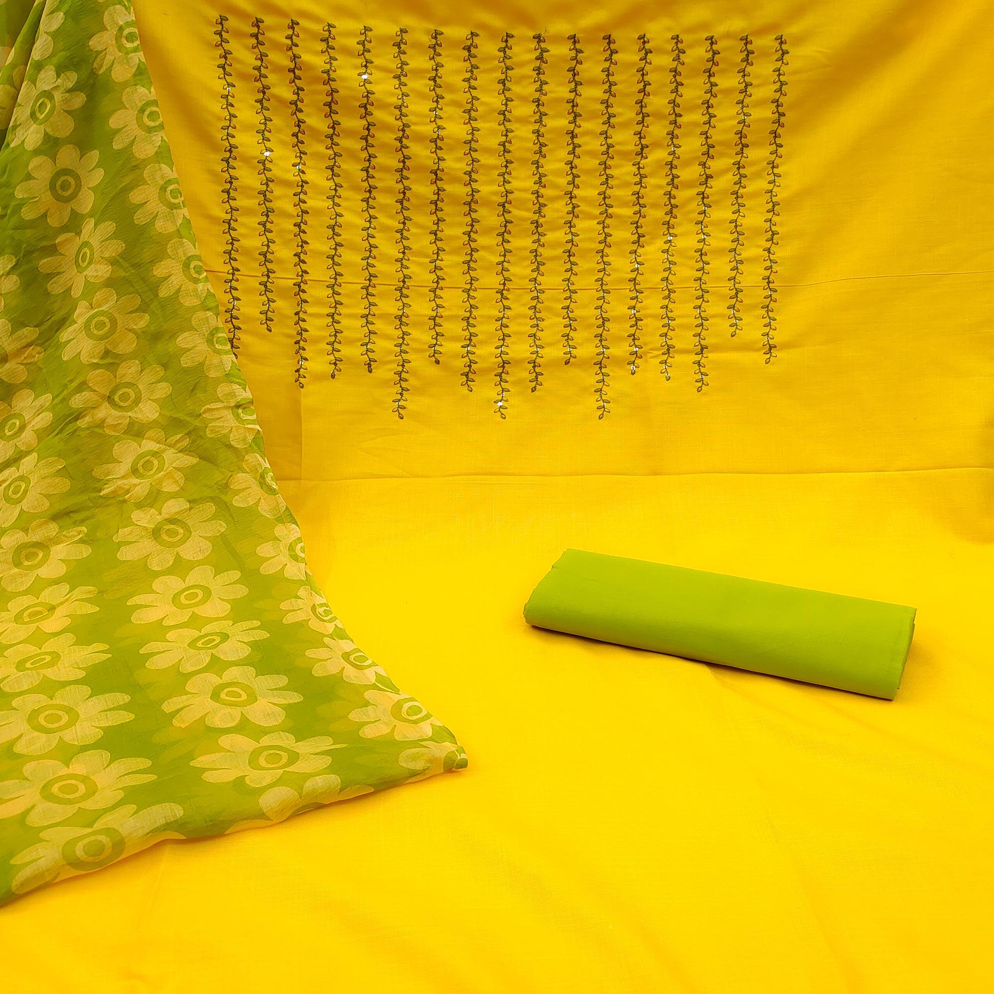 Yellow Sequence Embroidered Pure Cotton Dress Material - Peachmode