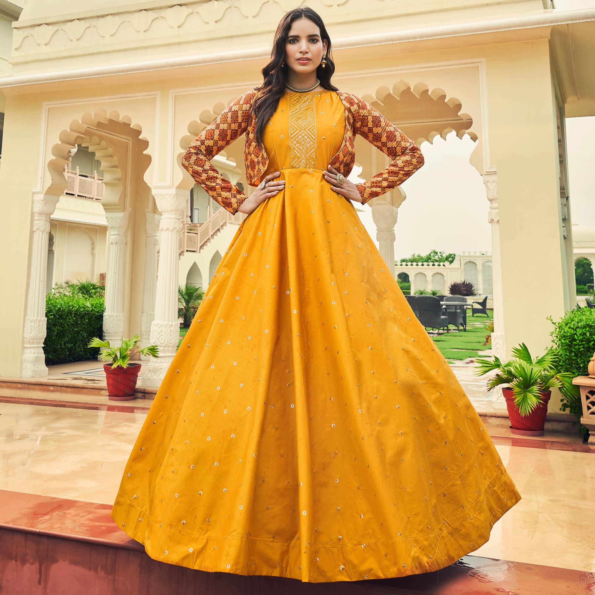 Yellow Sequence Embroidered Pure Cotton Gown With Koti - Peachmode
