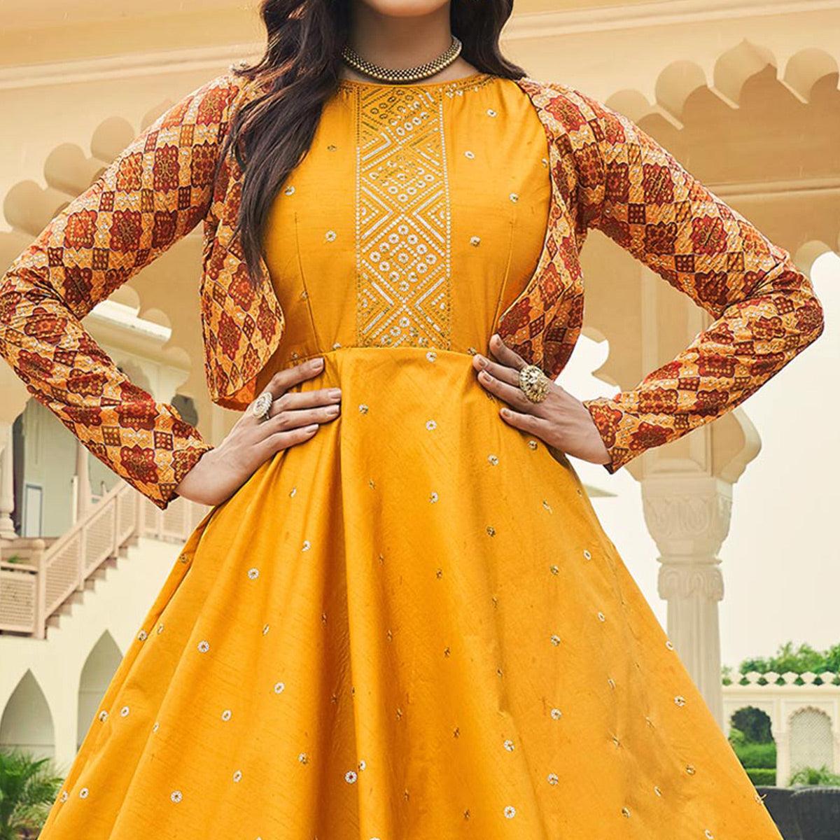 Yellow Sequence Embroidered Pure Cotton Gown With Koti - Peachmode