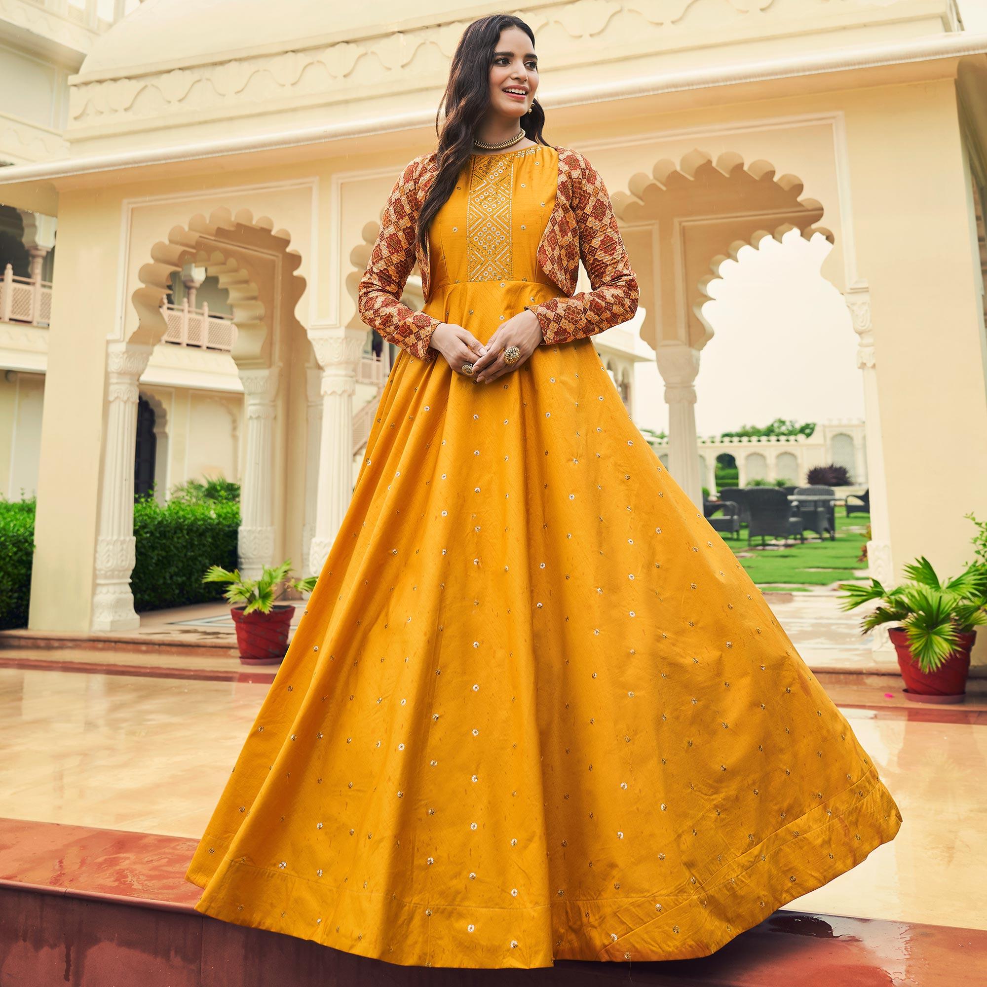 Yellow Sequence Embroidered Pure Cotton Gown With Koti - Peachmode