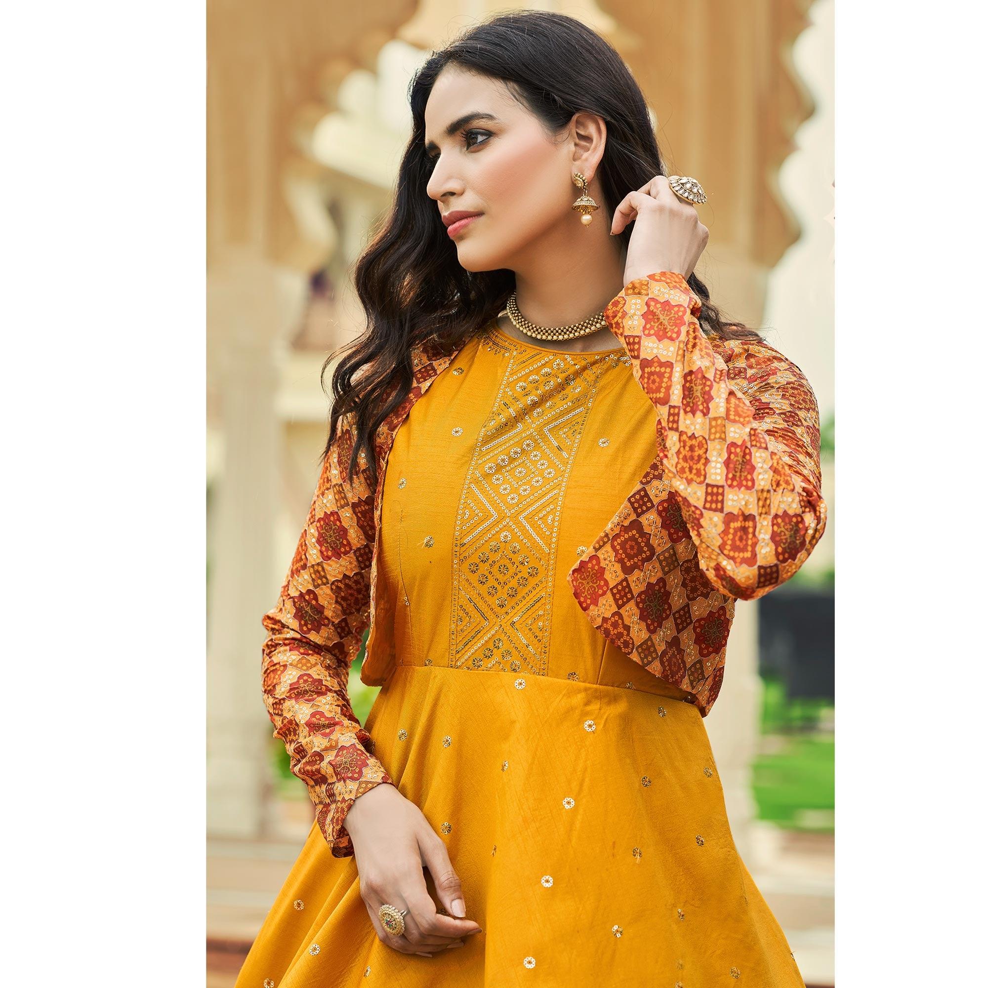 Yellow Sequence Embroidered Pure Cotton Gown With Koti - Peachmode