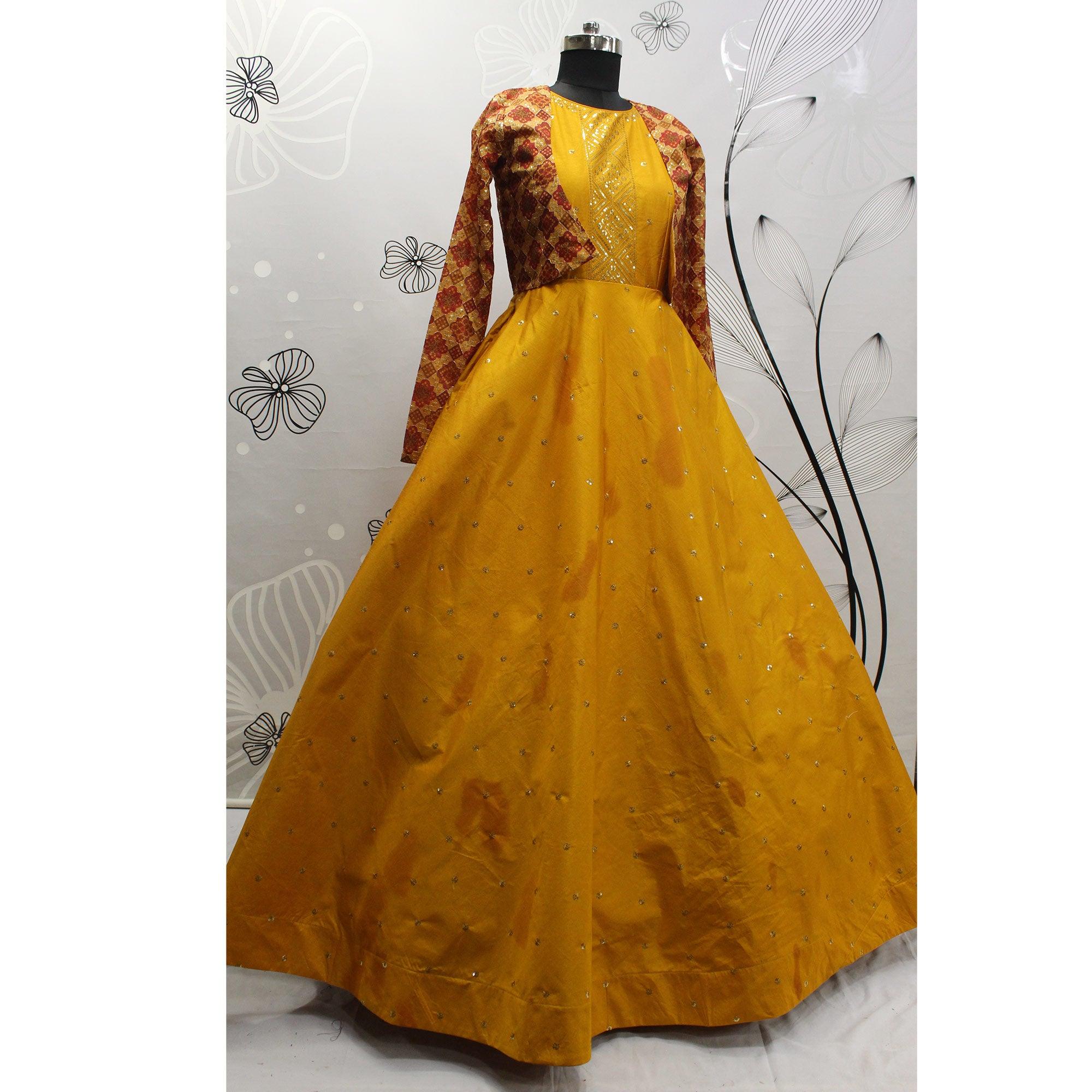 Yellow Sequence Embroidered Pure Cotton Gown With Koti - Peachmode