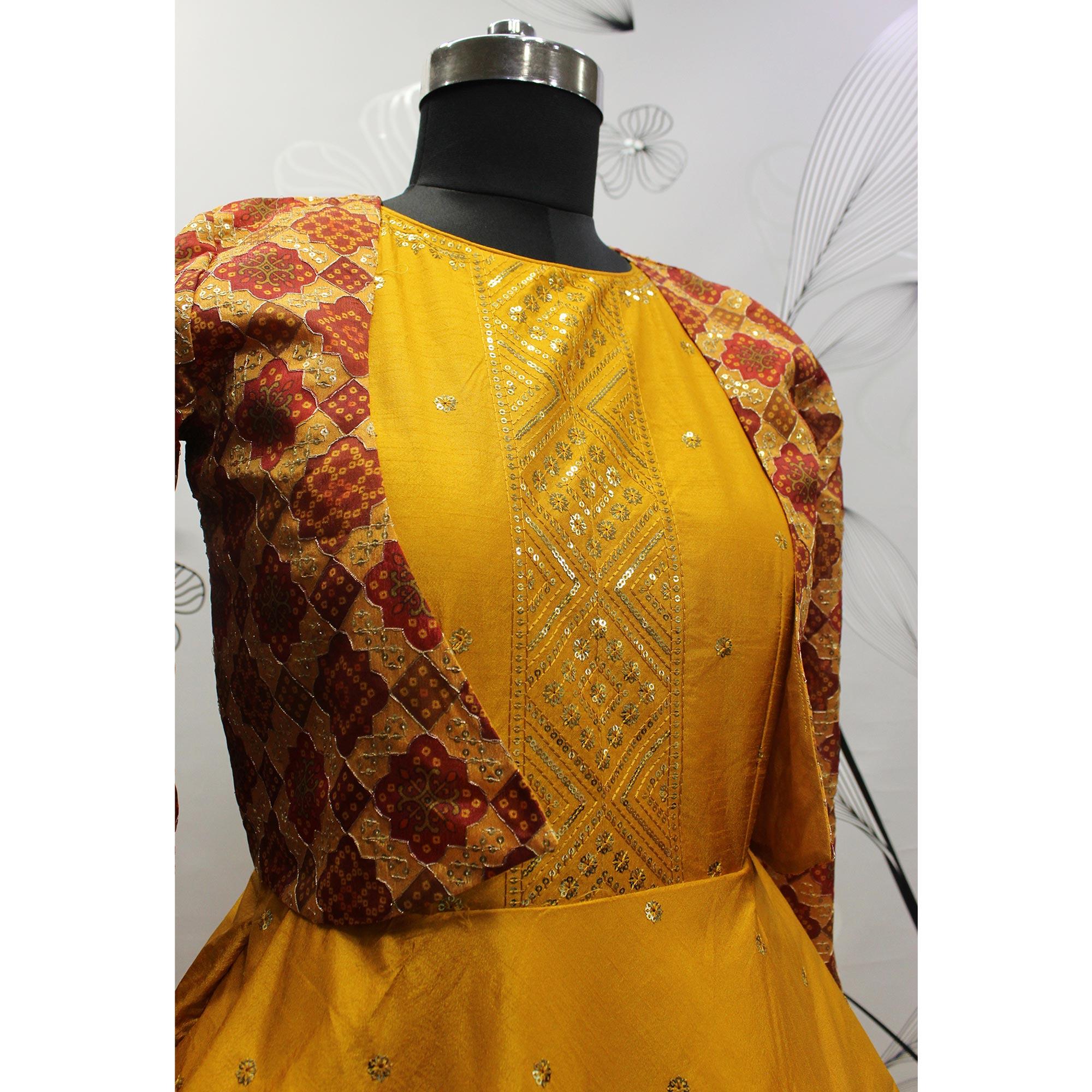 Yellow Sequence Embroidered Pure Cotton Gown With Koti - Peachmode