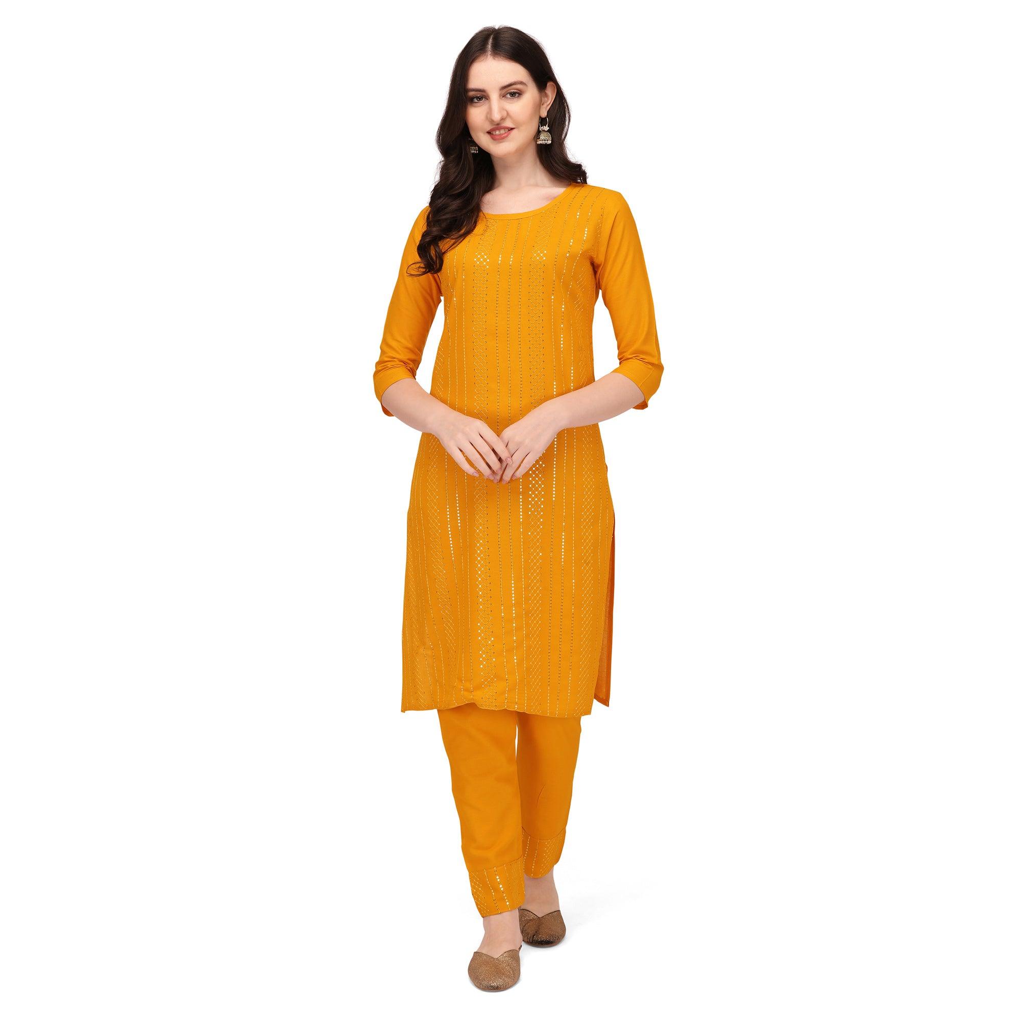 Yellow Sequence Embroidered Rayon Kurti Pant Set - Peachmode