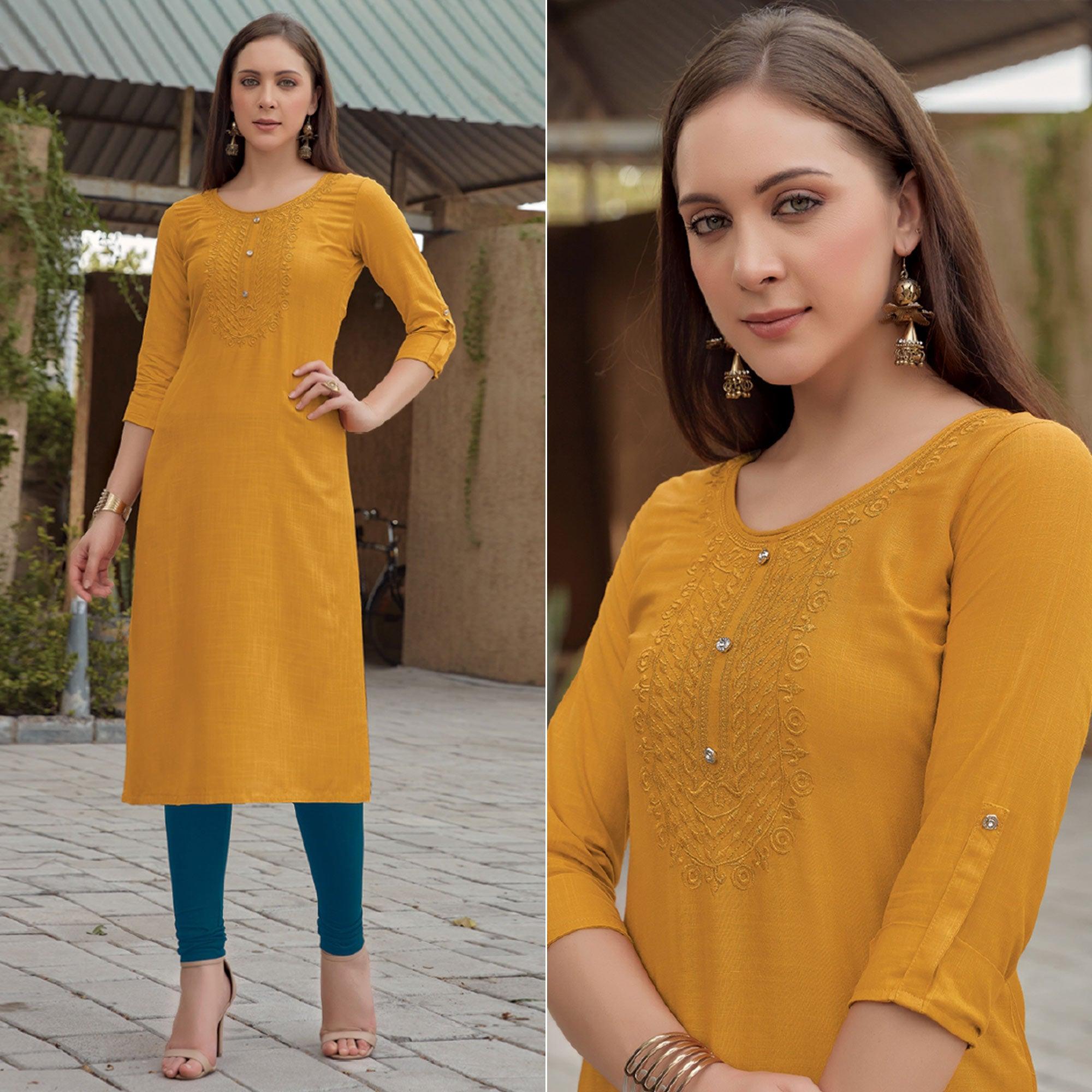 Yellow Sequence Embroidered Rayon Kurti - Peachmode