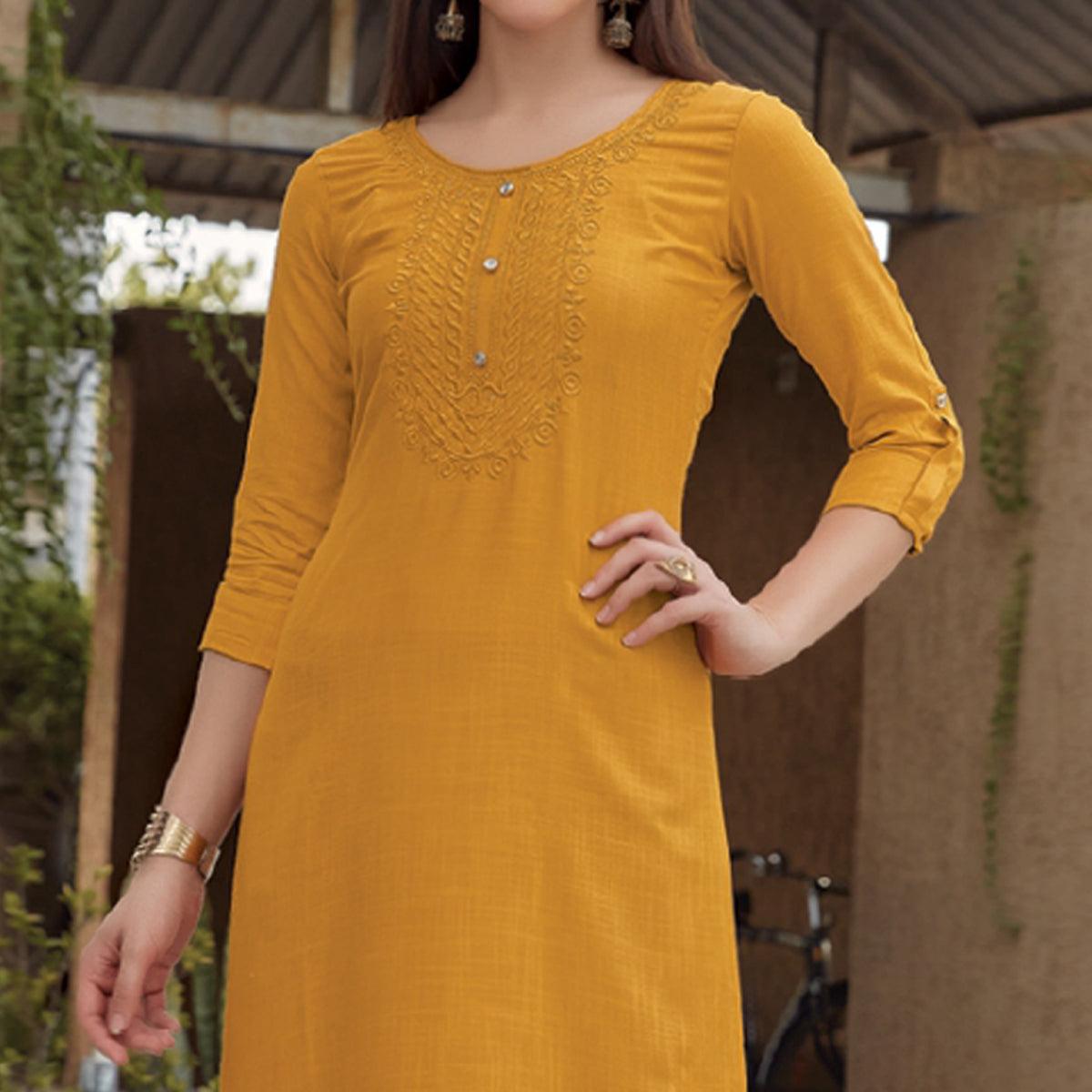 Yellow Sequence Embroidered Rayon Kurti - Peachmode