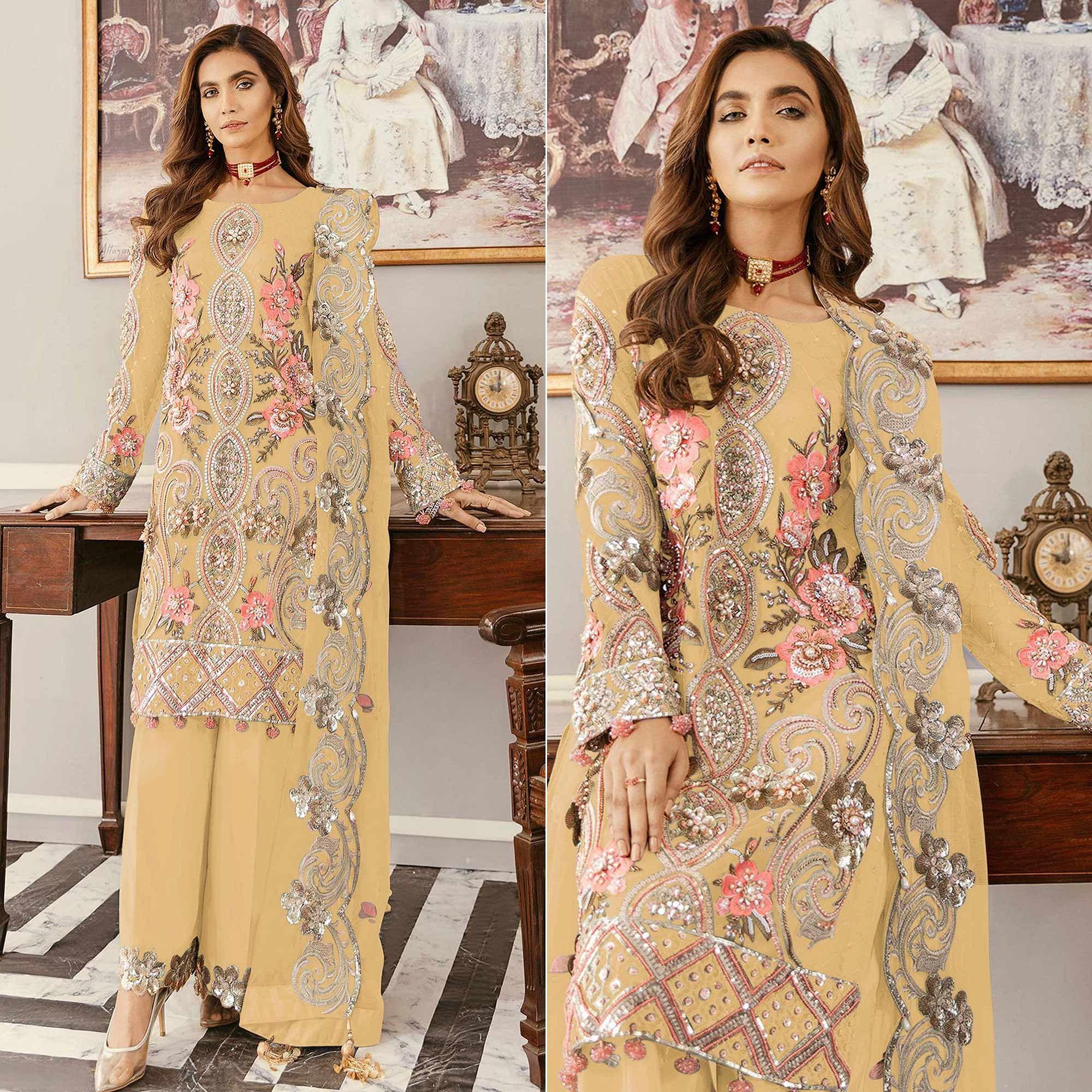 Yellow Sequence Embroidered  Soft Net Partywear Pakistani Suit - Peachmode