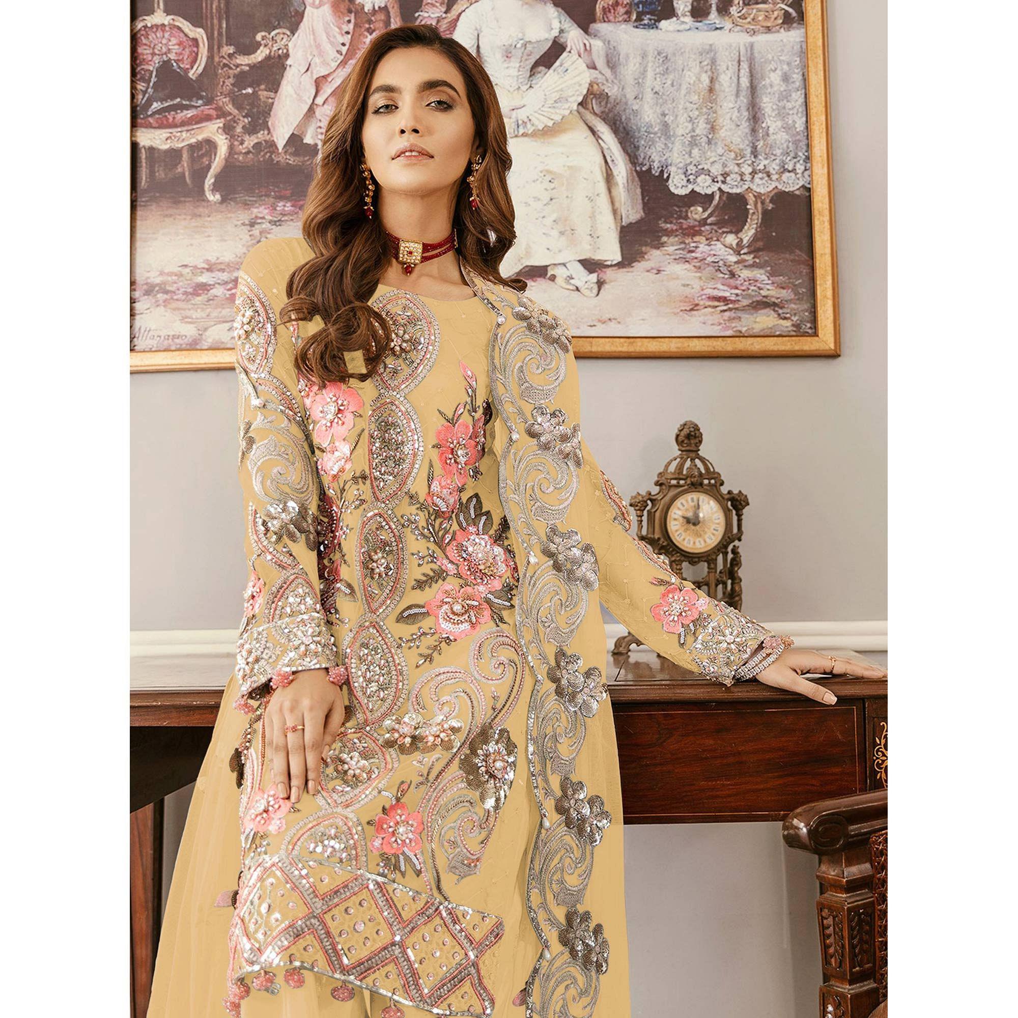 Yellow Sequence Embroidered  Soft Net Partywear Pakistani Suit - Peachmode