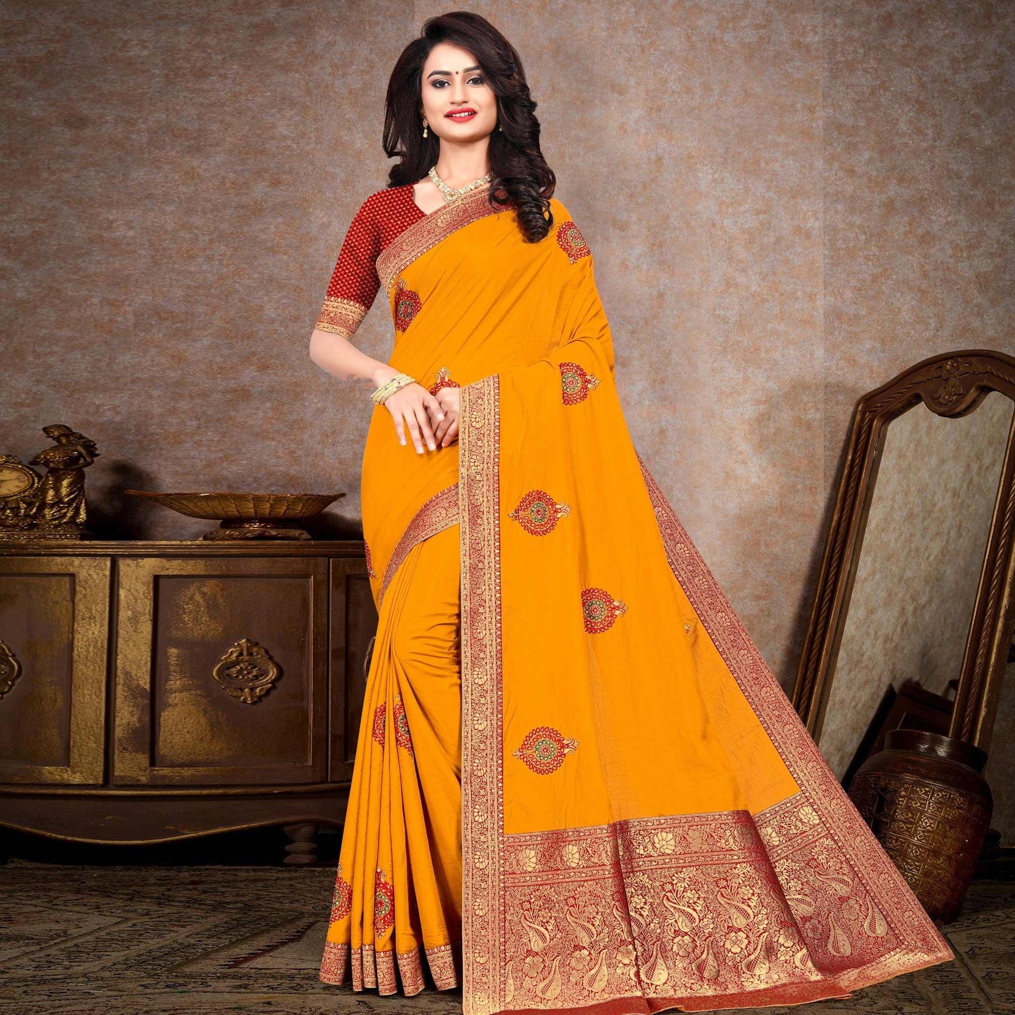 Yellow Sequence Embroidered Vichitra Silk Saree - Peachmode