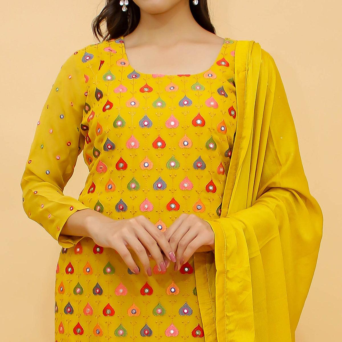Yellow Sequence Embroidered With Embellished Chiffon Sharara Suit - Peachmode