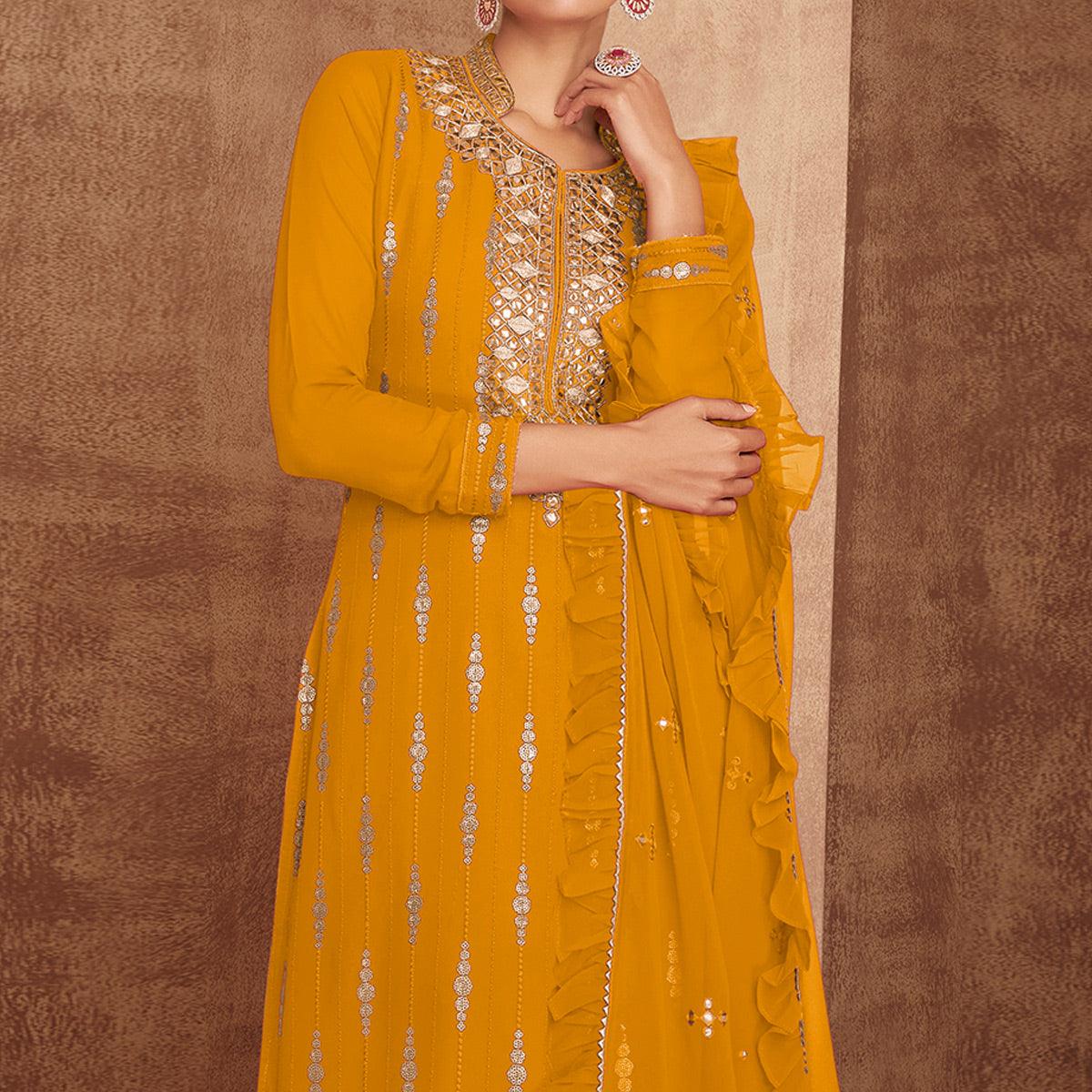 Yellow Sequence Embroidery Real Georgette Partywear Suit - Peachmode