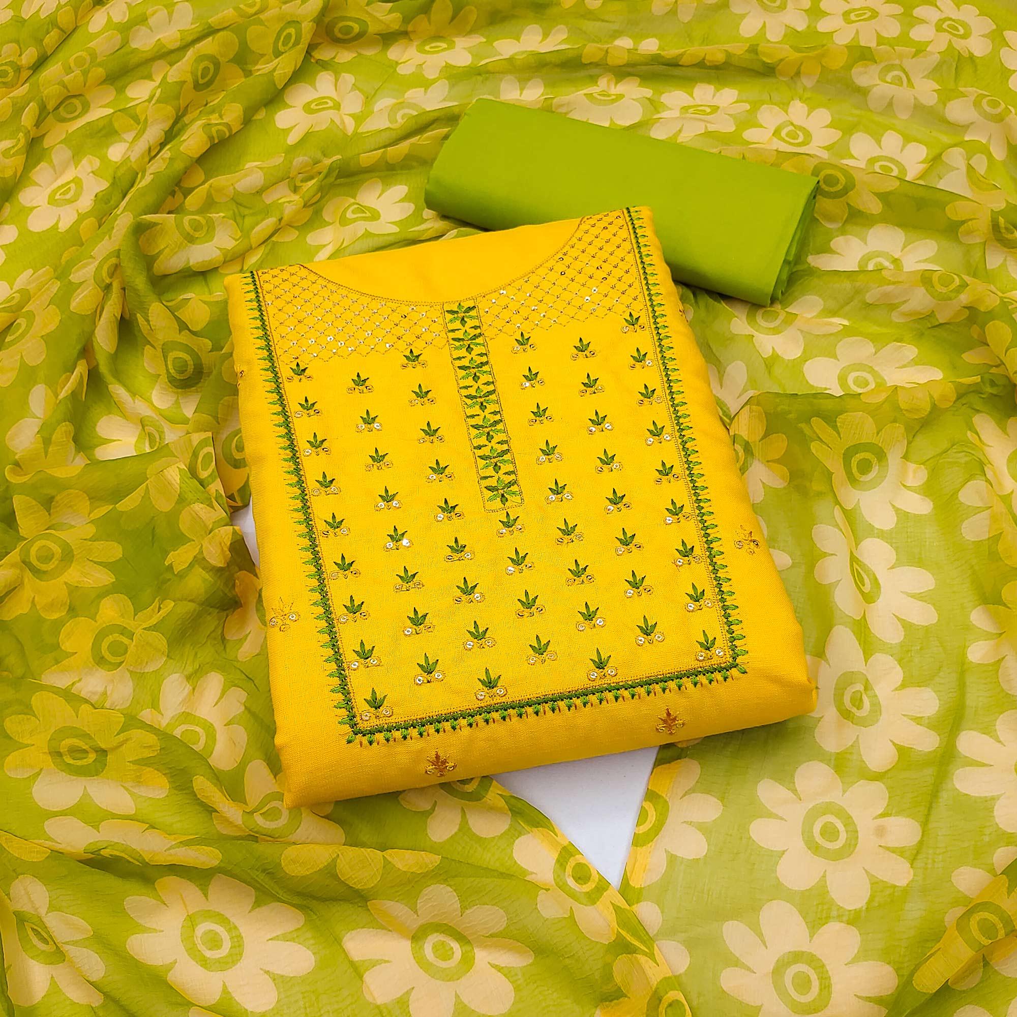 Yellow Sequence Floral Embroidered Pure Cotton Dress Material - Peachmode