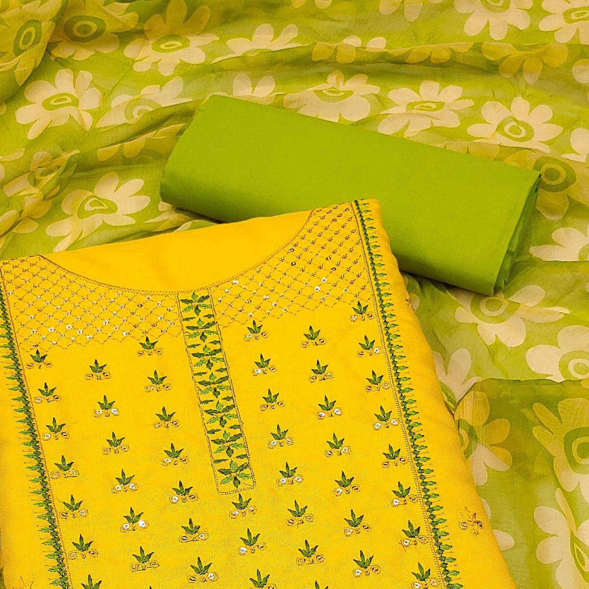 Yellow Sequence Floral Embroidered Pure Cotton Dress Material - Peachmode