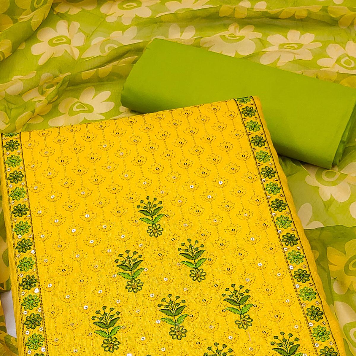 Yellow Sequence Floral Embroidered Pure Cotton Dress Material - Peachmode