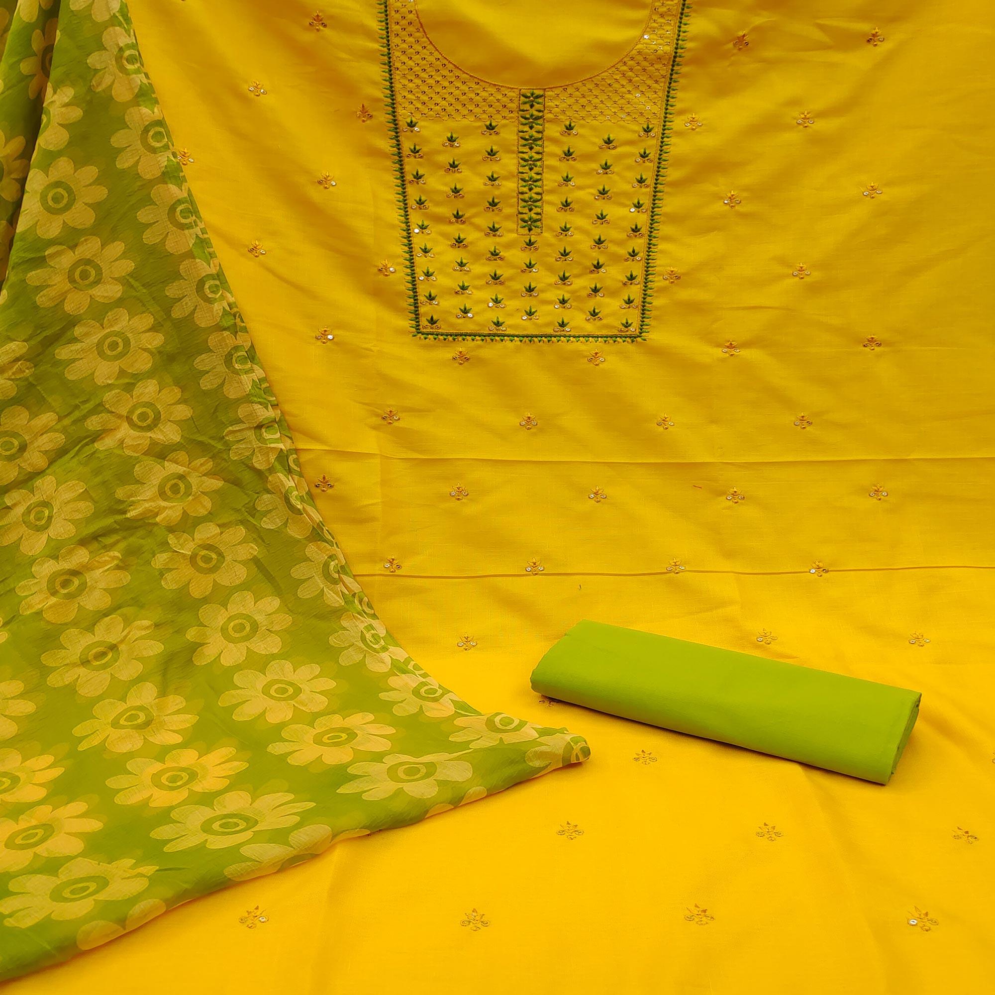 Yellow Sequence Floral Embroidered Pure Cotton Dress Material - Peachmode