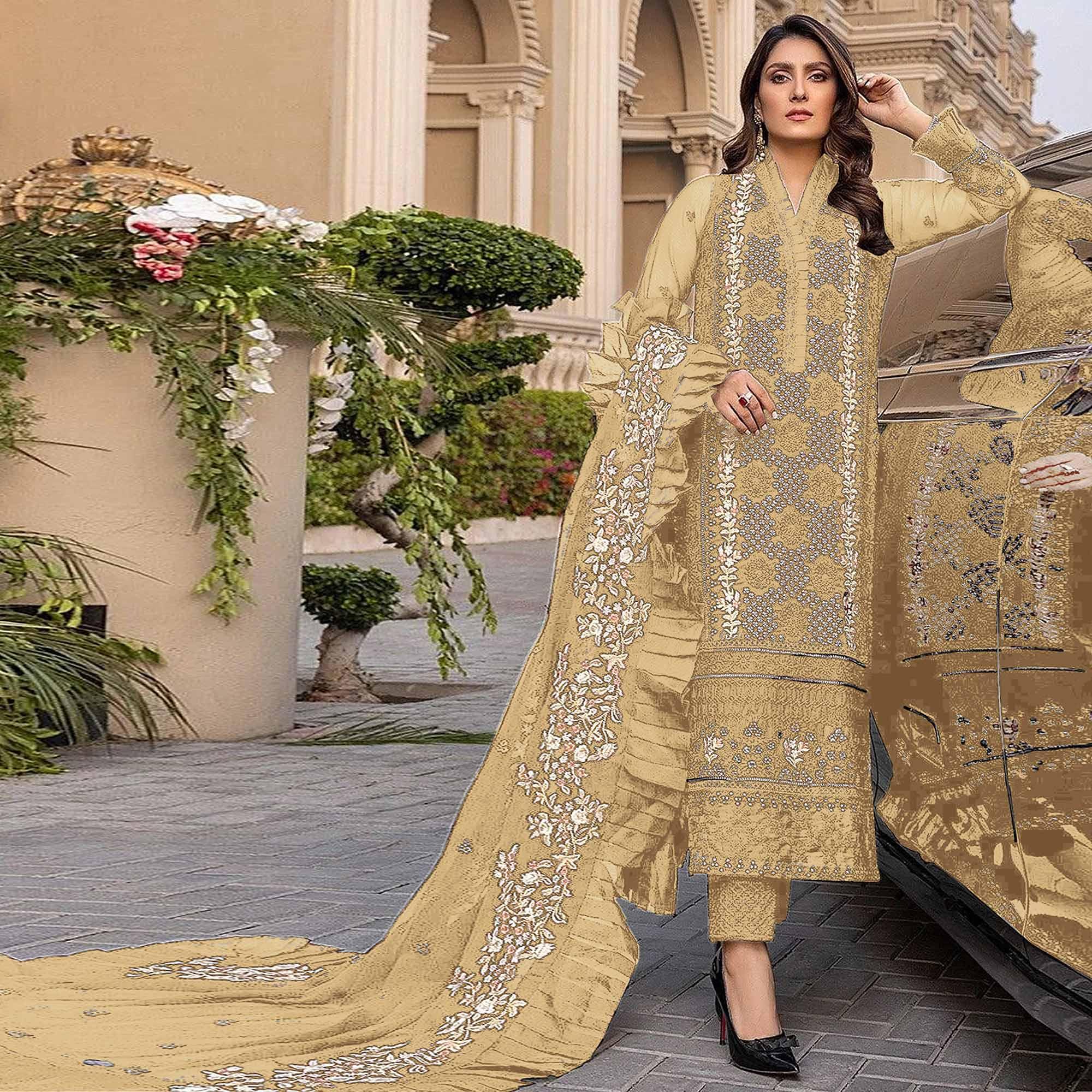 Yellow Sequence With Floral Embroidered Georgette Pakistani Suit - Peachmode