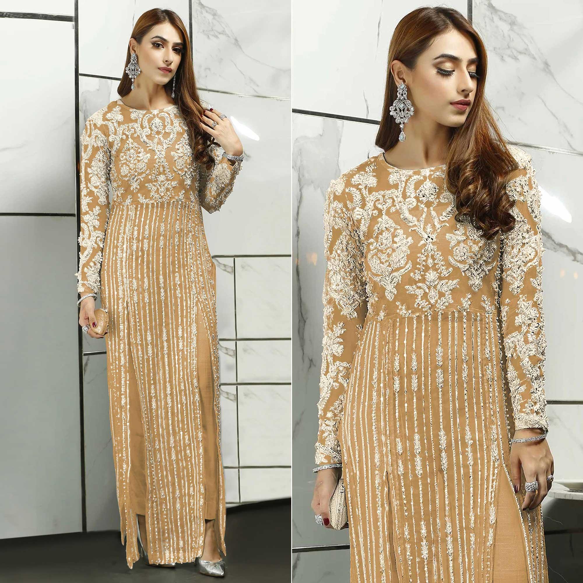 Yellow Sequence With Floral Embroidered Net Pakistani Suit - Peachmode