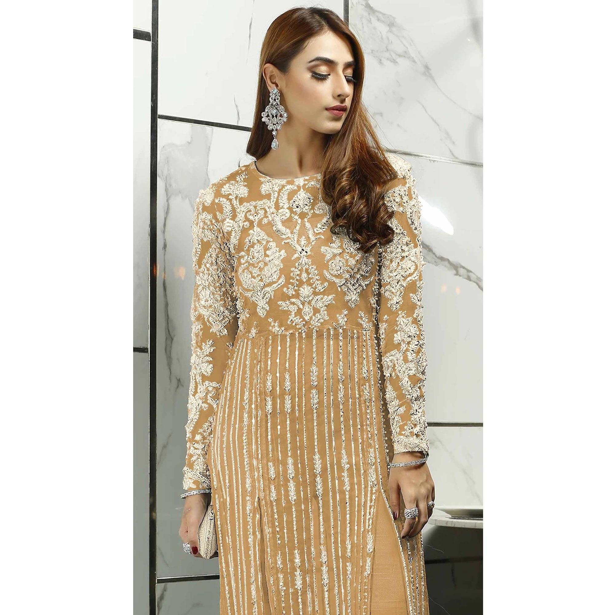 Yellow Sequence With Floral Embroidered Net Pakistani Suit - Peachmode