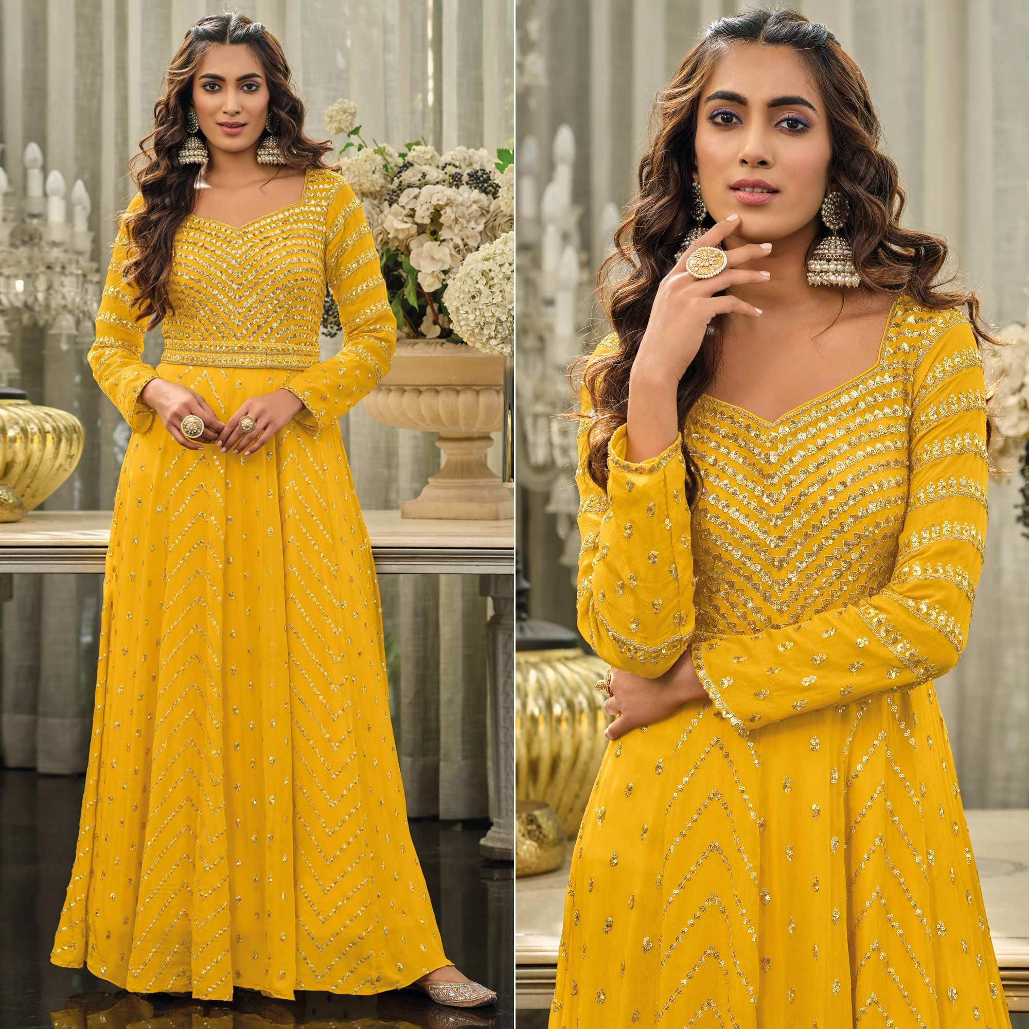 Yellow Sequins Embroidered Georgette Gown - Peachmode