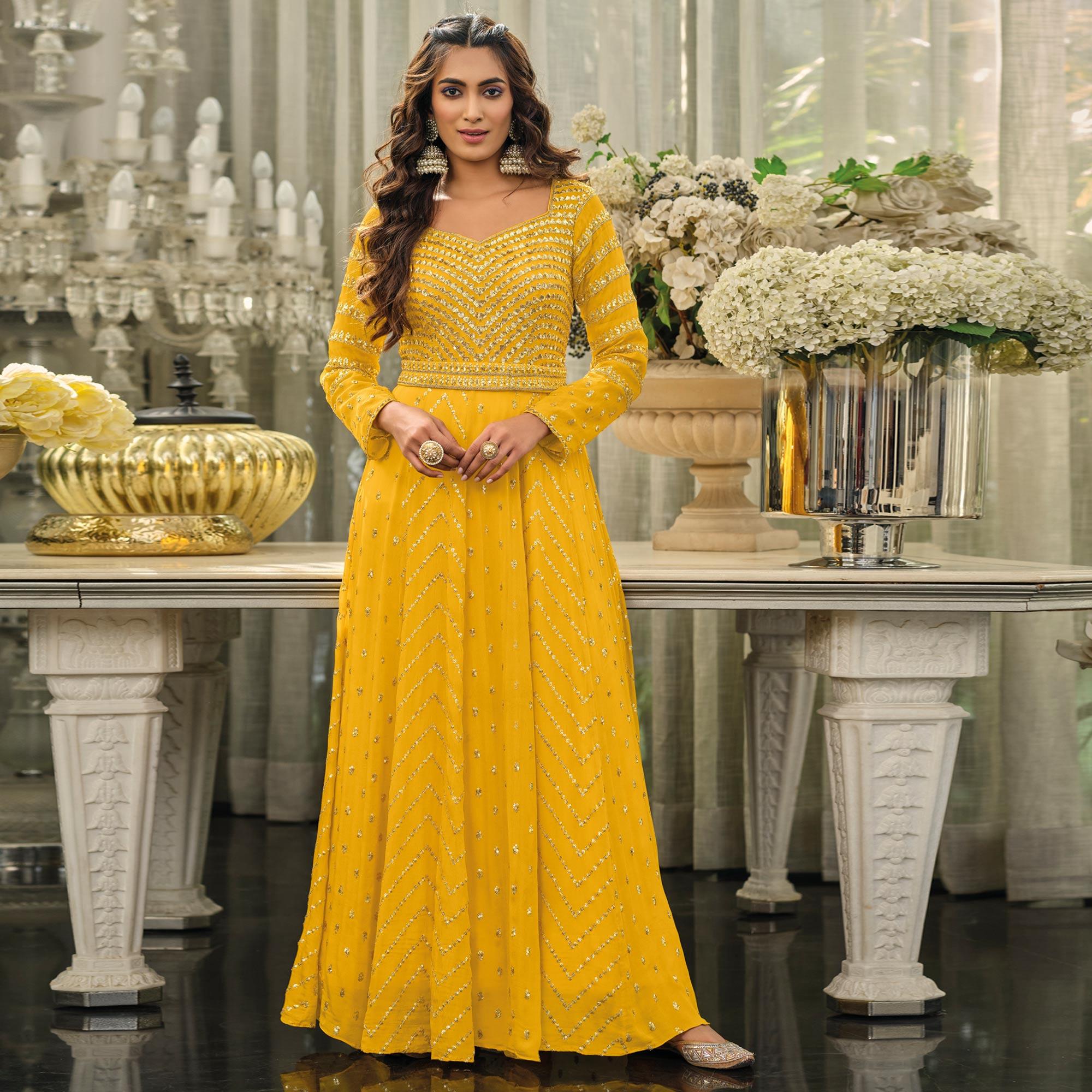 Yellow Sequins Embroidered Georgette Gown - Peachmode