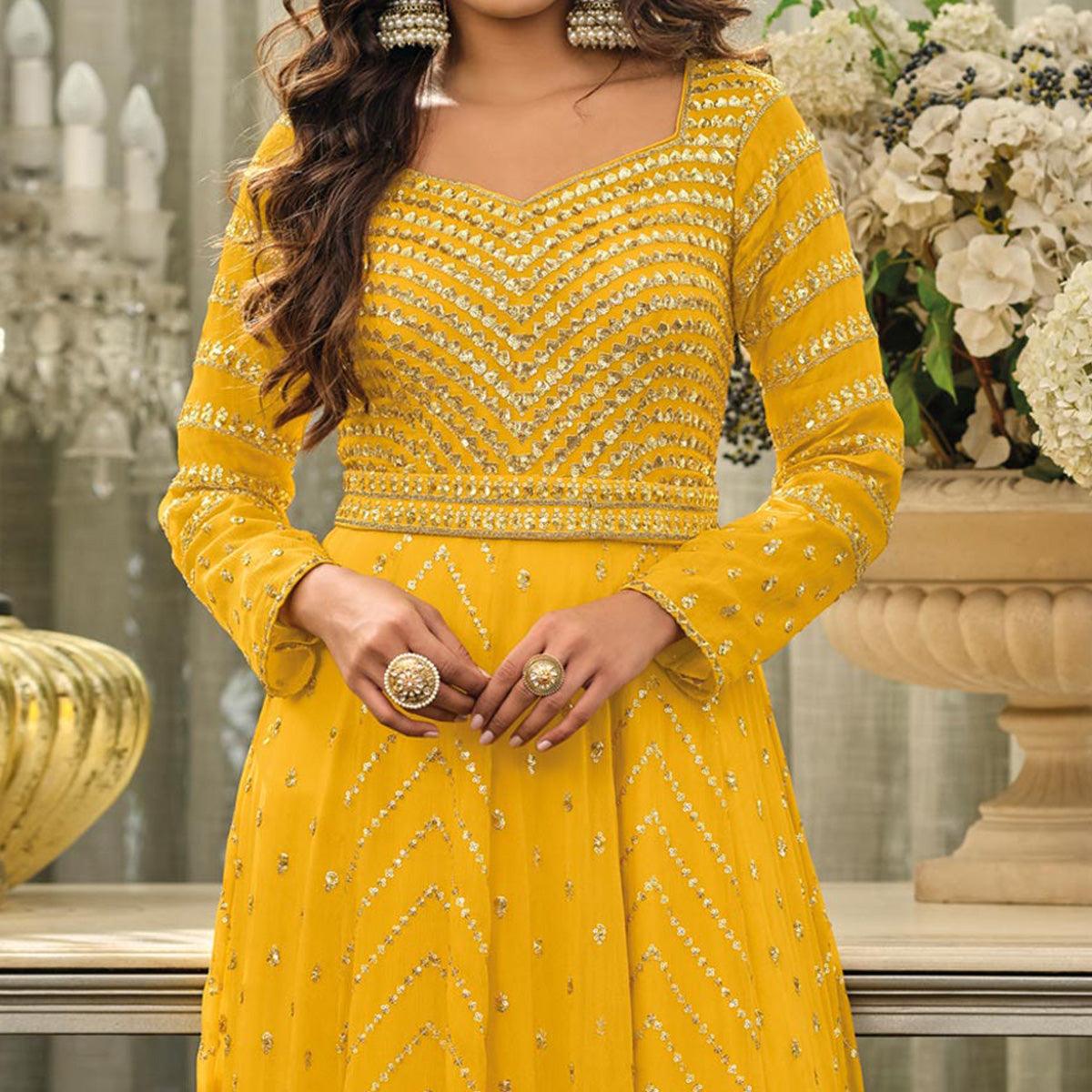 Yellow Sequins Embroidered Georgette Gown - Peachmode