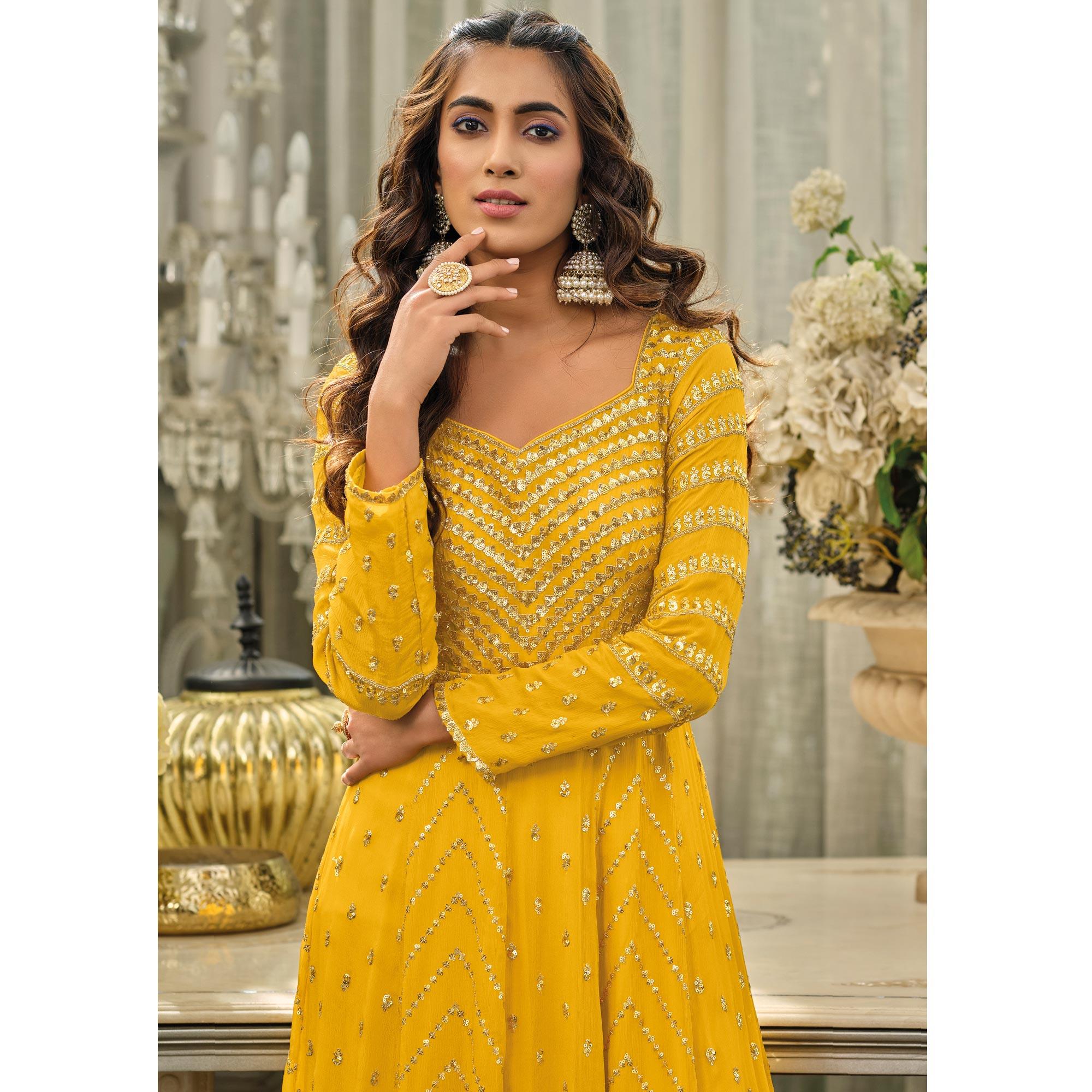 Yellow Sequins Embroidered Georgette Gown - Peachmode