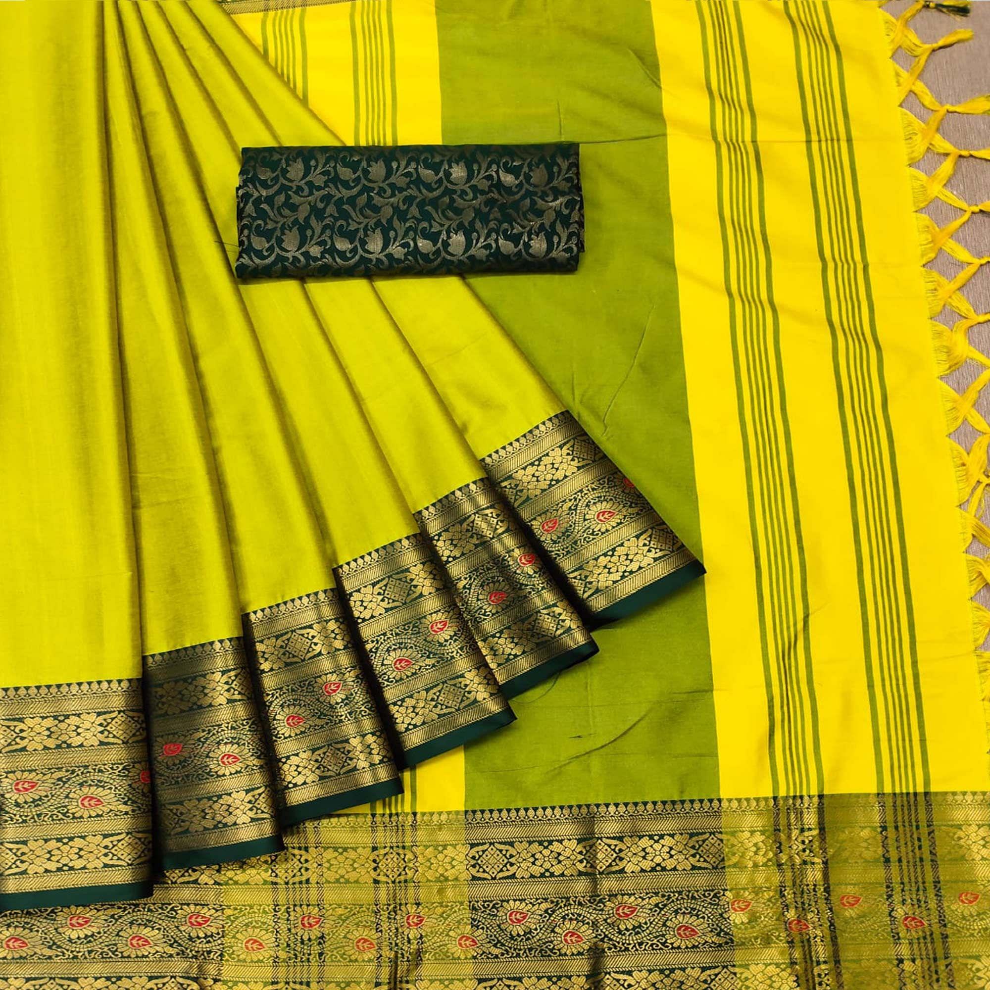 Yellow Solid Cotton Silk Saree - Peachmode