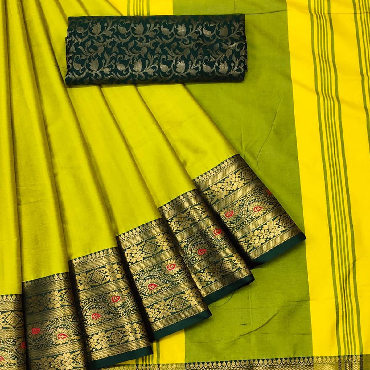 Yellow Solid Cotton Silk Saree - Peachmode