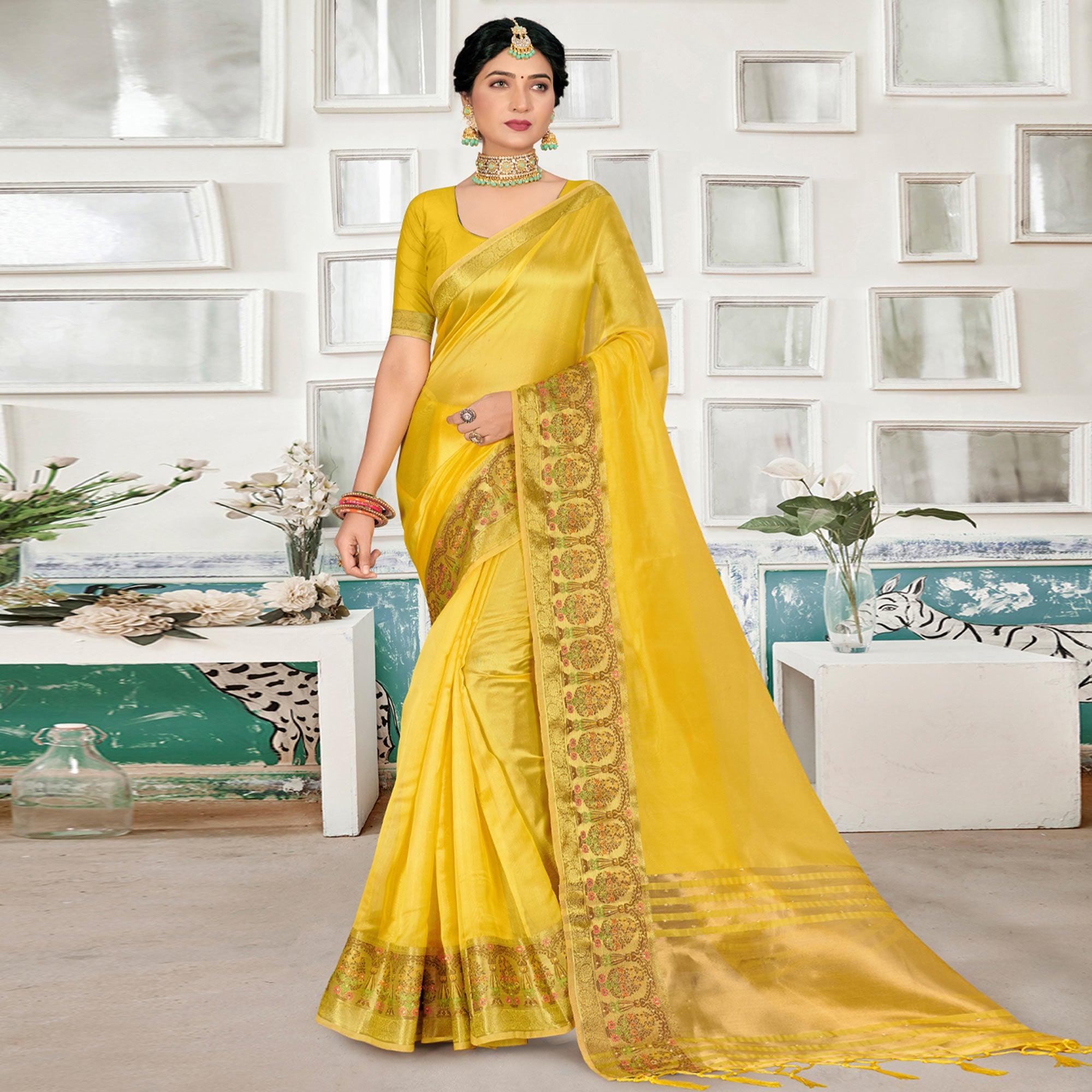 Yellow Solid Organza Saree - Peachmode