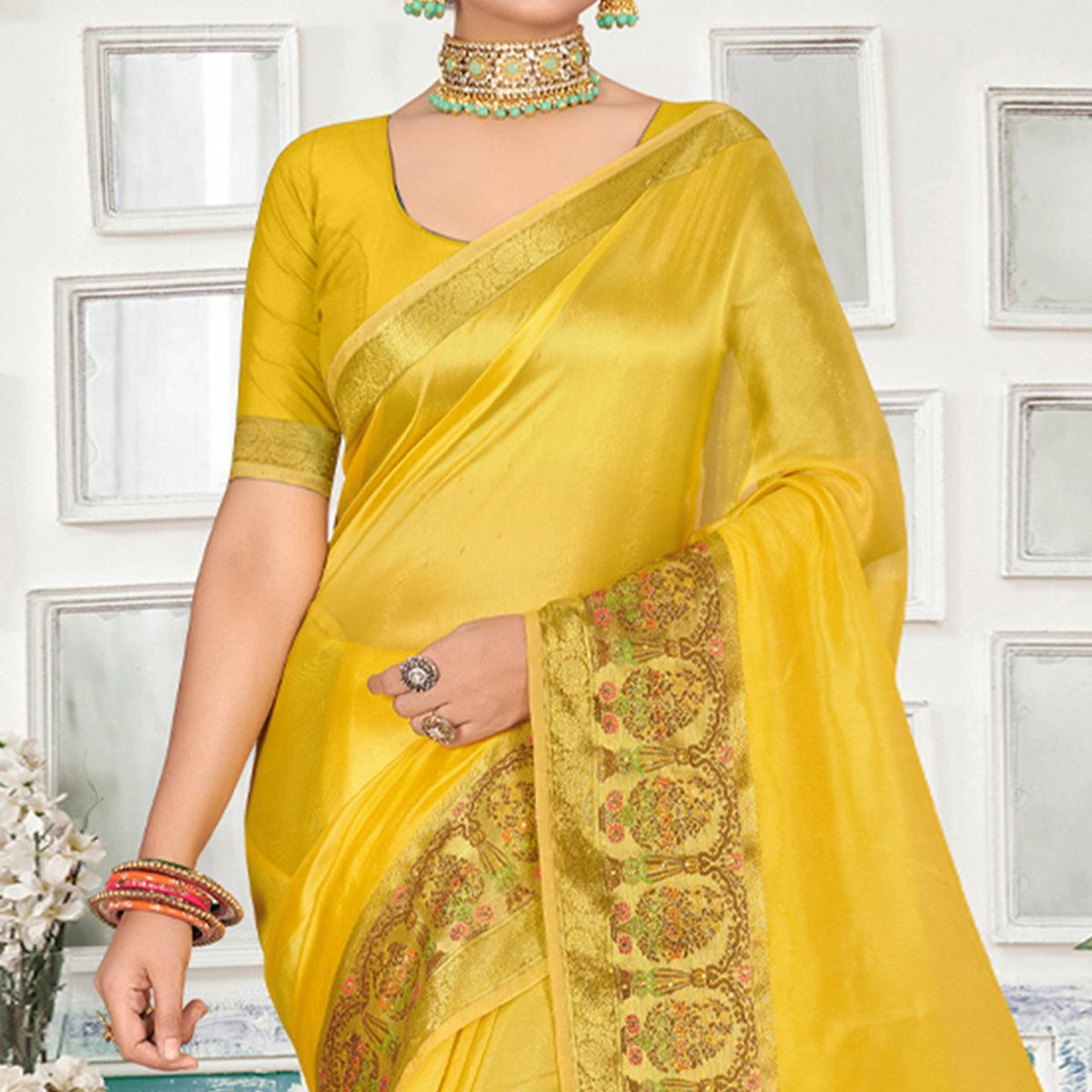 Yellow Solid Organza Saree - Peachmode