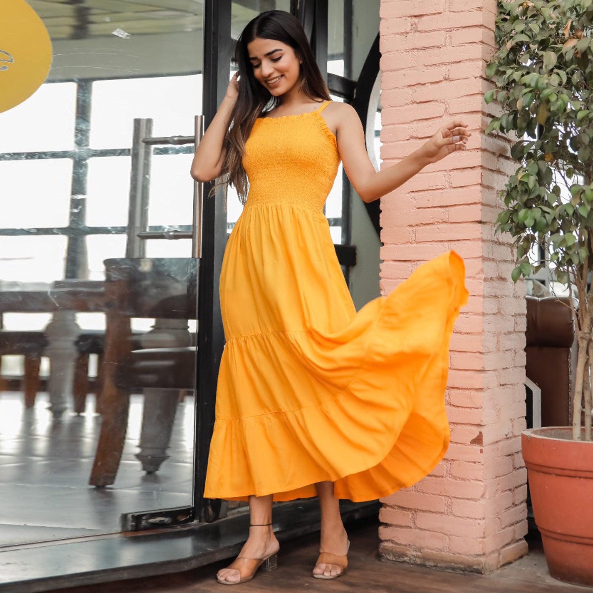 Yellow Solid Rayon Dress - Peachmode