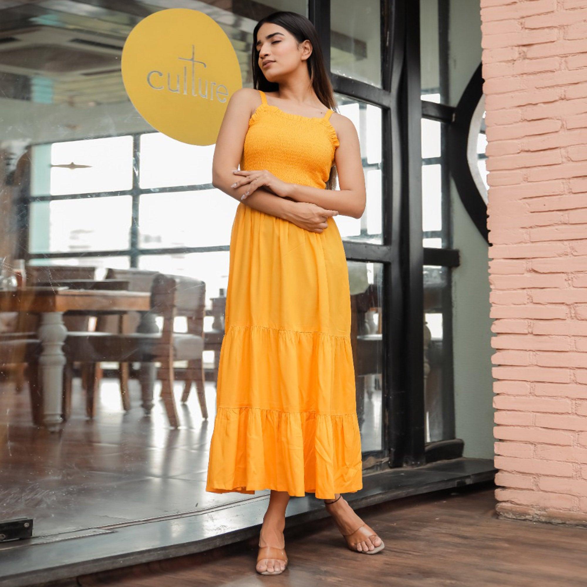 Yellow Solid Rayon Dress - Peachmode