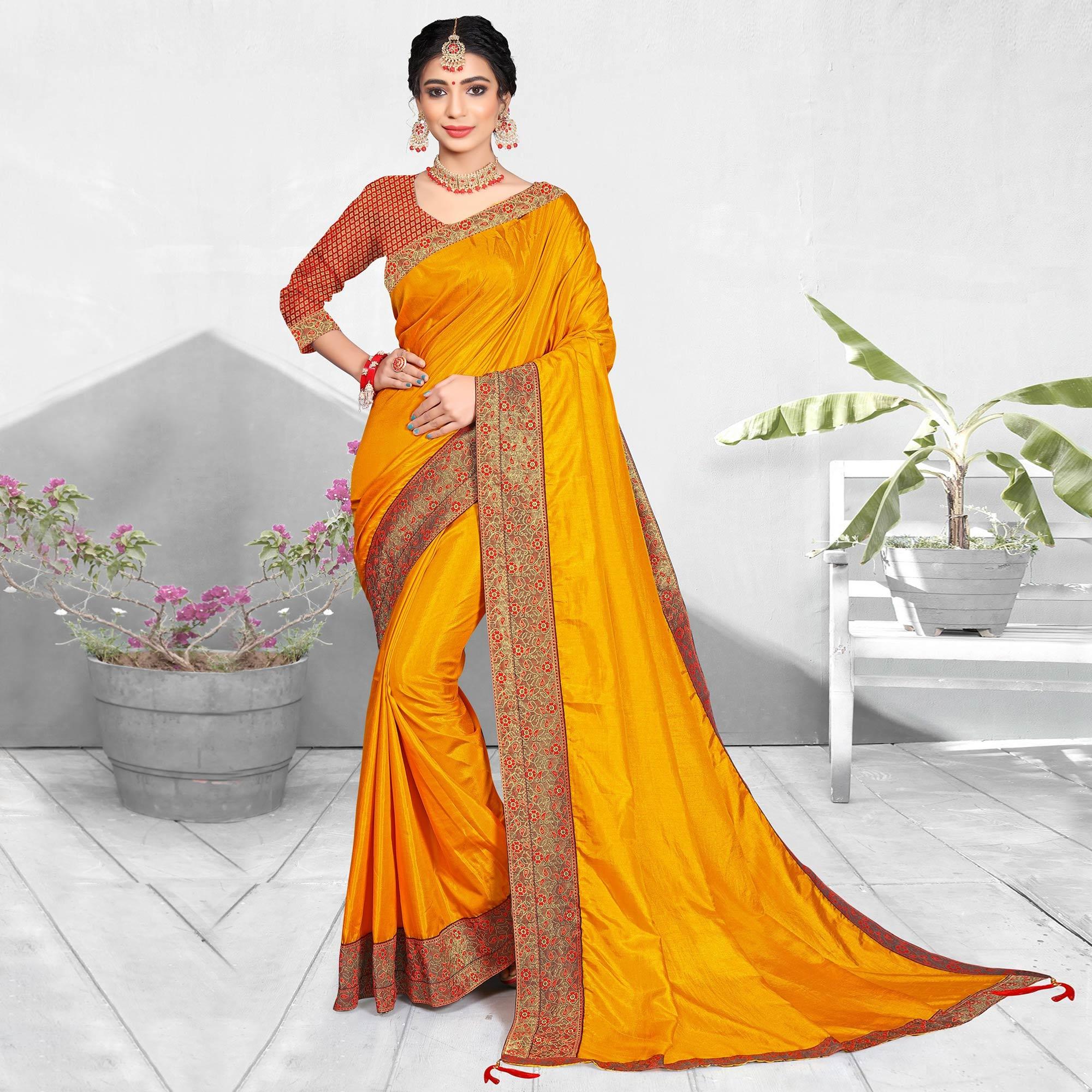 Yellow Solid Vichitra Silk Saree - Peachmode