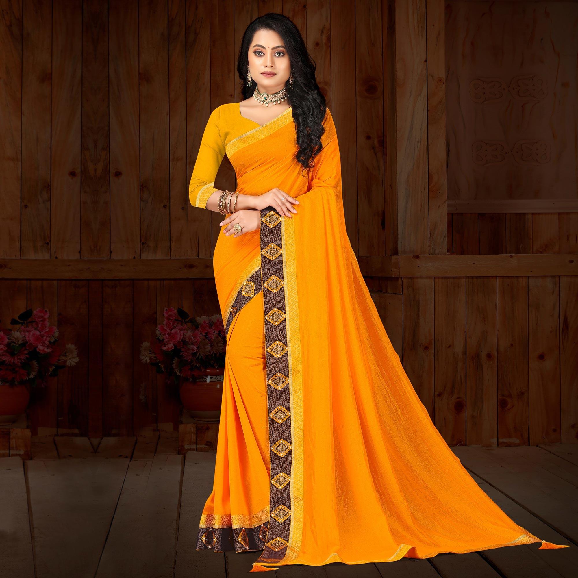 Yellow Solid Vichitra Silk Saree - Peachmode