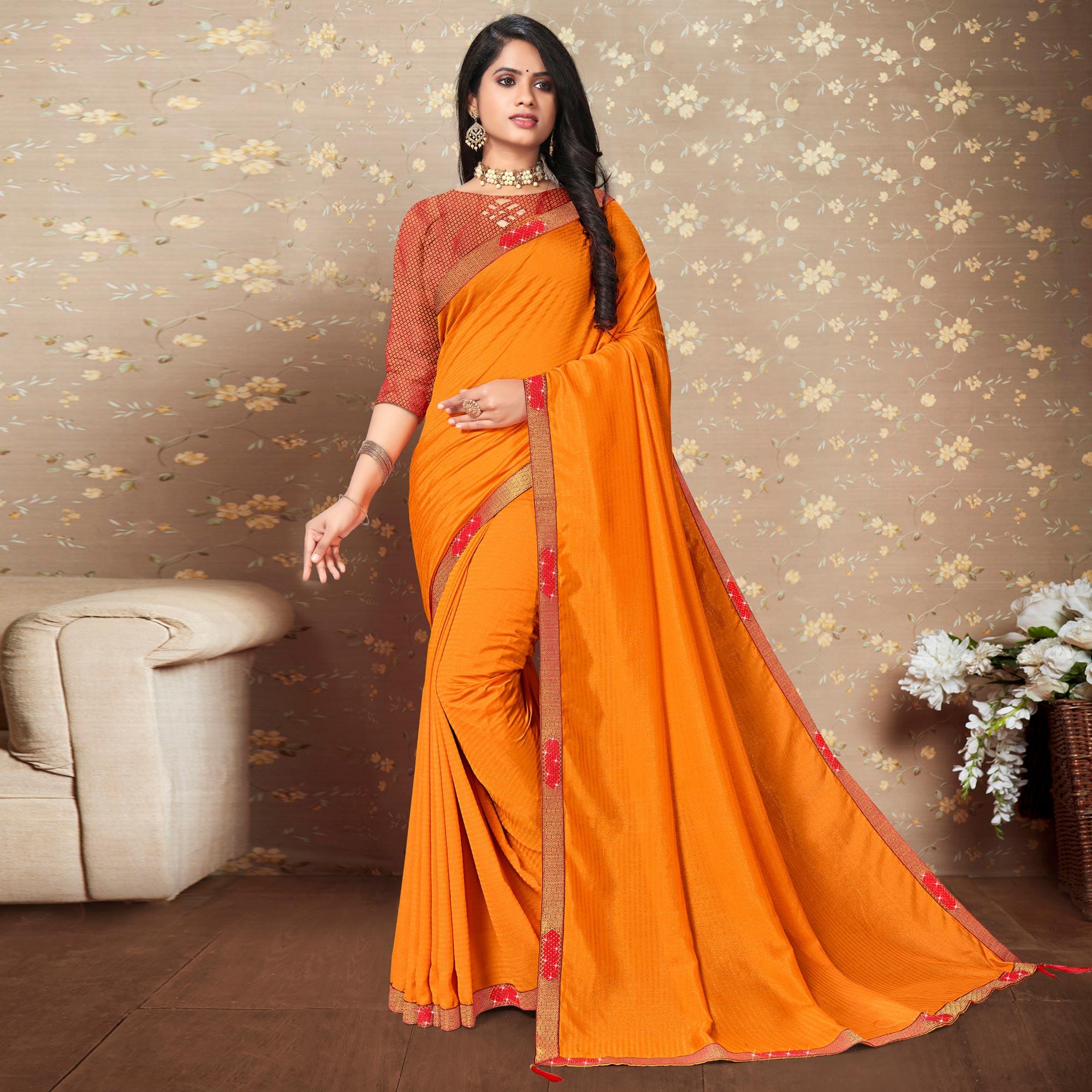 Yellow Solid Vichitra Silk Saree - Peachmode