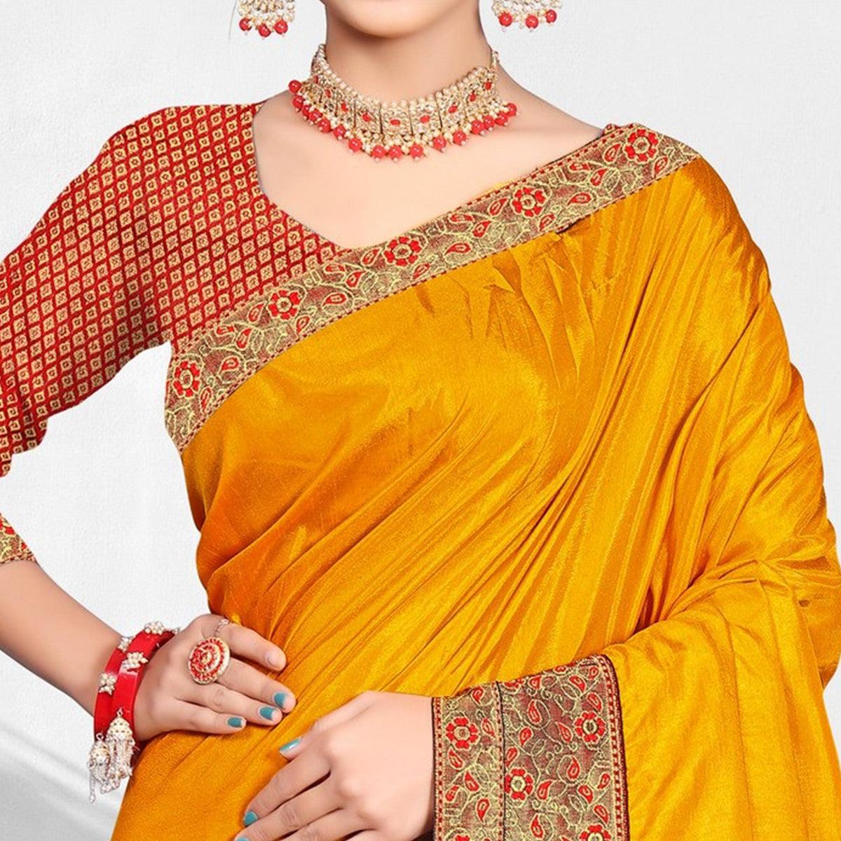 Yellow Solid Vichitra Silk Saree - Peachmode