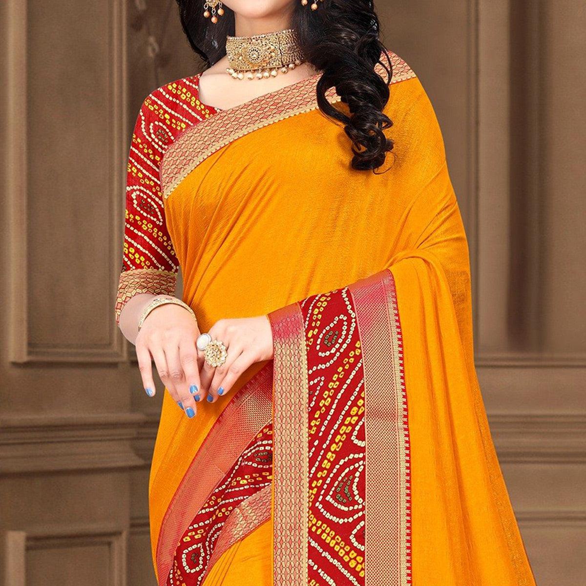 Yellow Solid Vichitra Silk Saree - Peachmode
