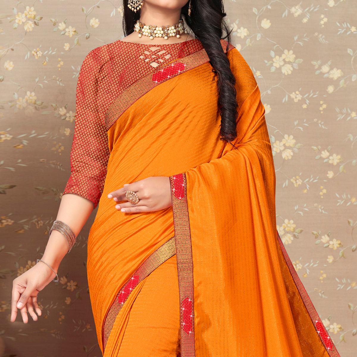 Yellow Solid Vichitra Silk Saree - Peachmode