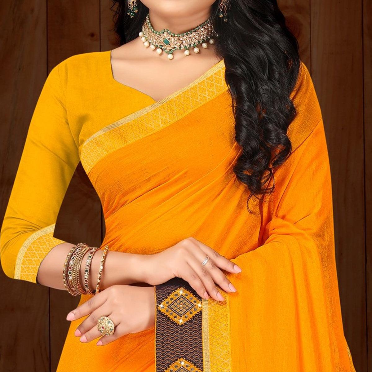 Yellow Solid Vichitra Silk Saree - Peachmode