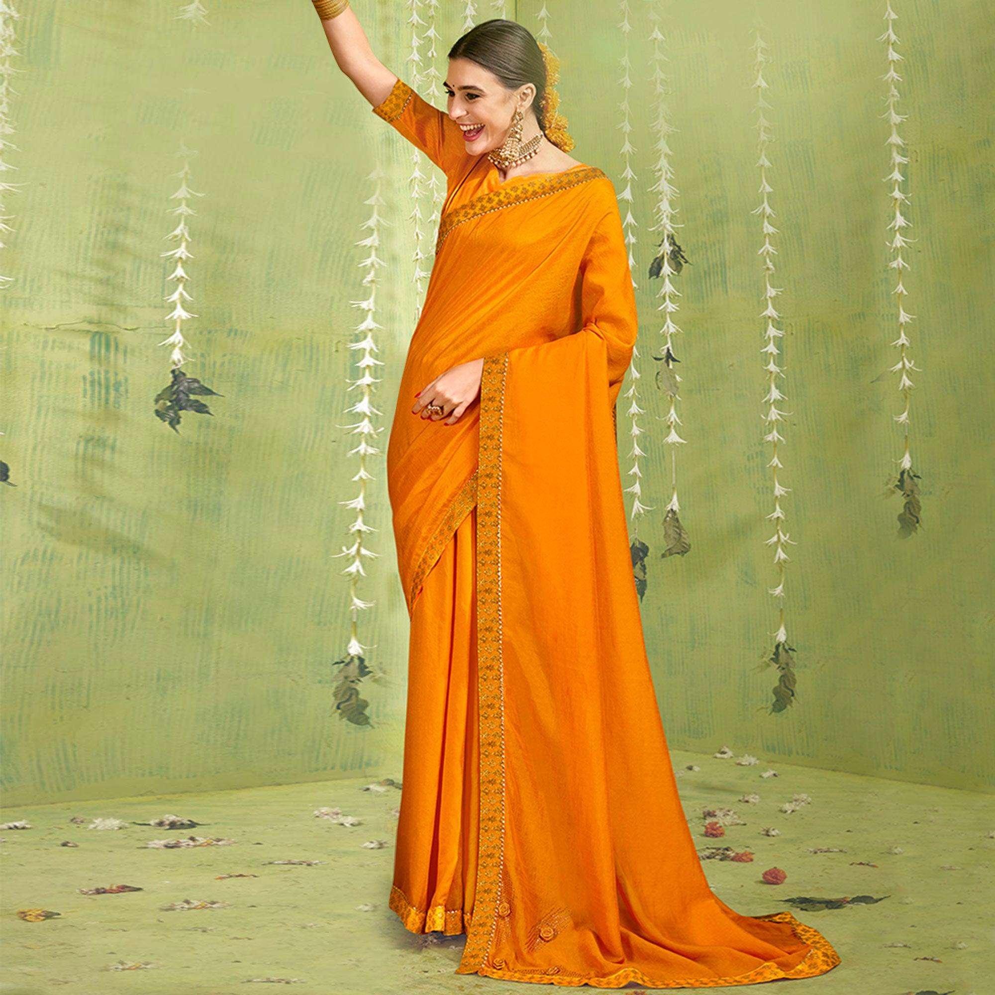 Yellow Solid With Fancy Border Vichitra Silk Saree - Peachmode