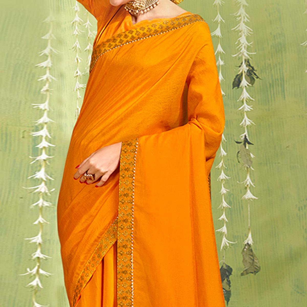 Yellow Solid With Fancy Border Vichitra Silk Saree - Peachmode