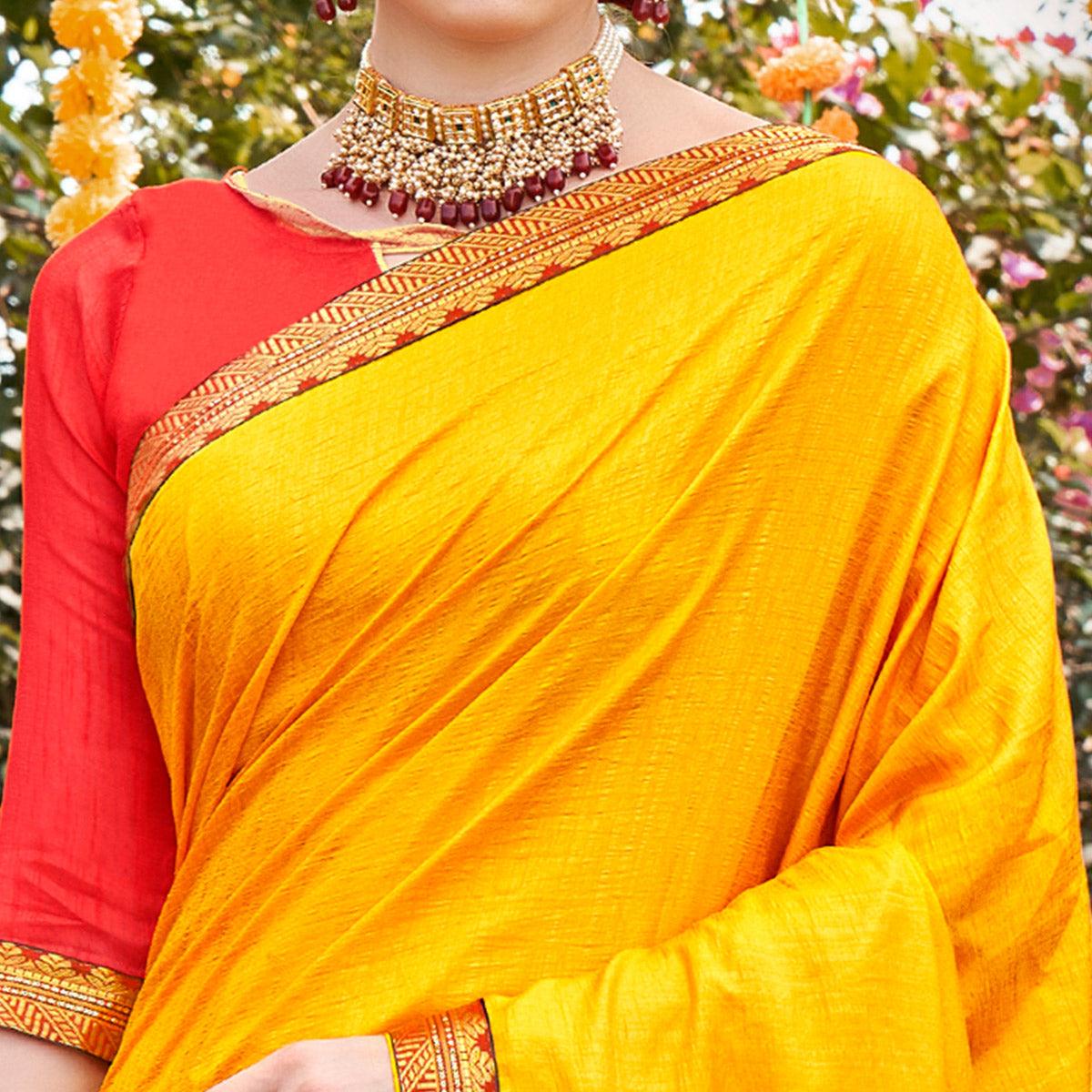 Yellow Solid With Fancy Border Vichitra Silk Saree - Peachmode