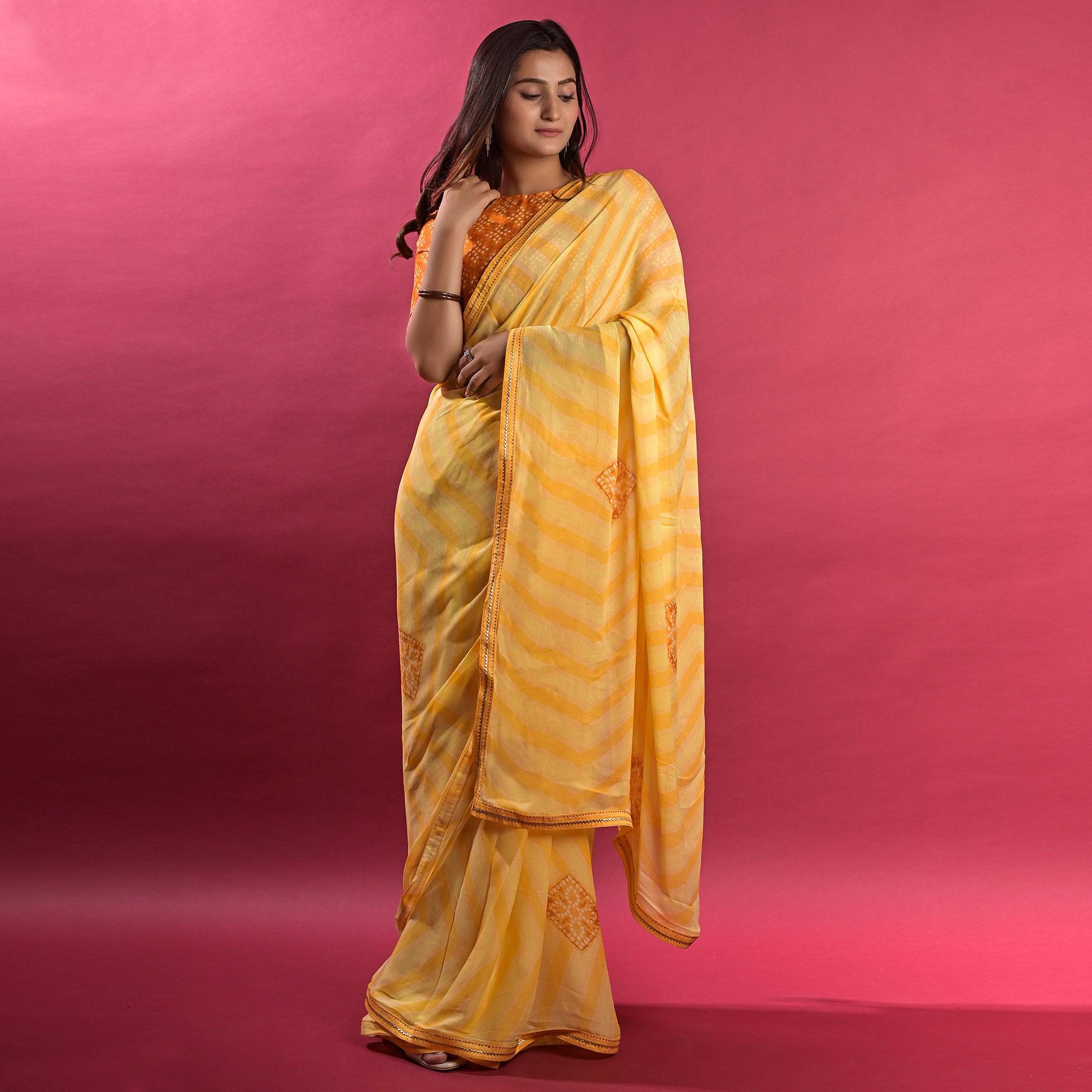 Yellow Stripe Printed Chiffon Saree - Peachmode