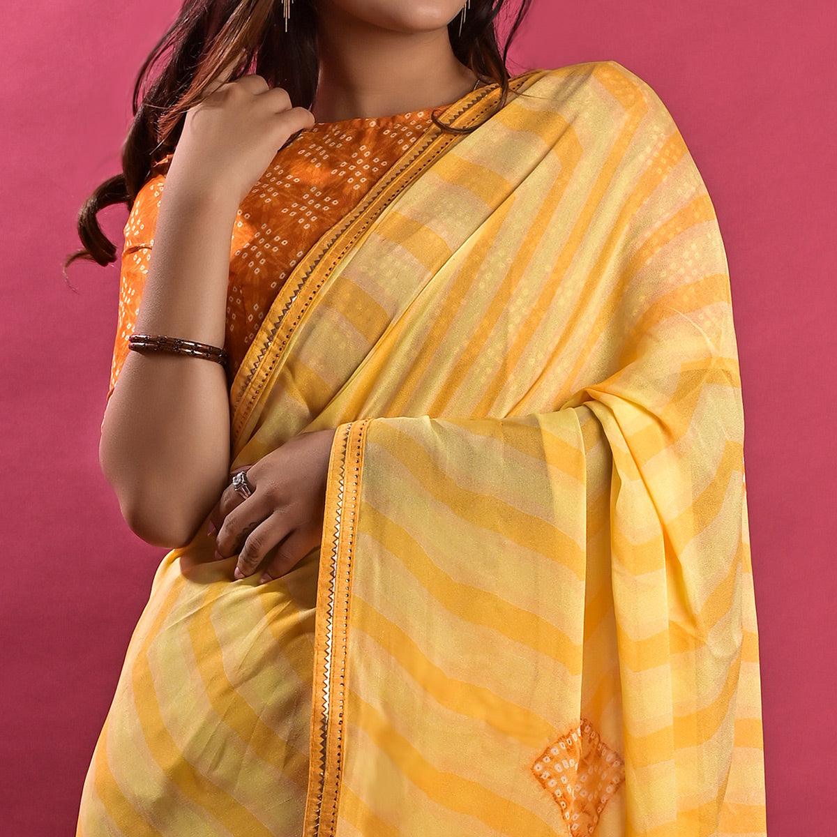 Yellow Stripe Printed Chiffon Saree - Peachmode
