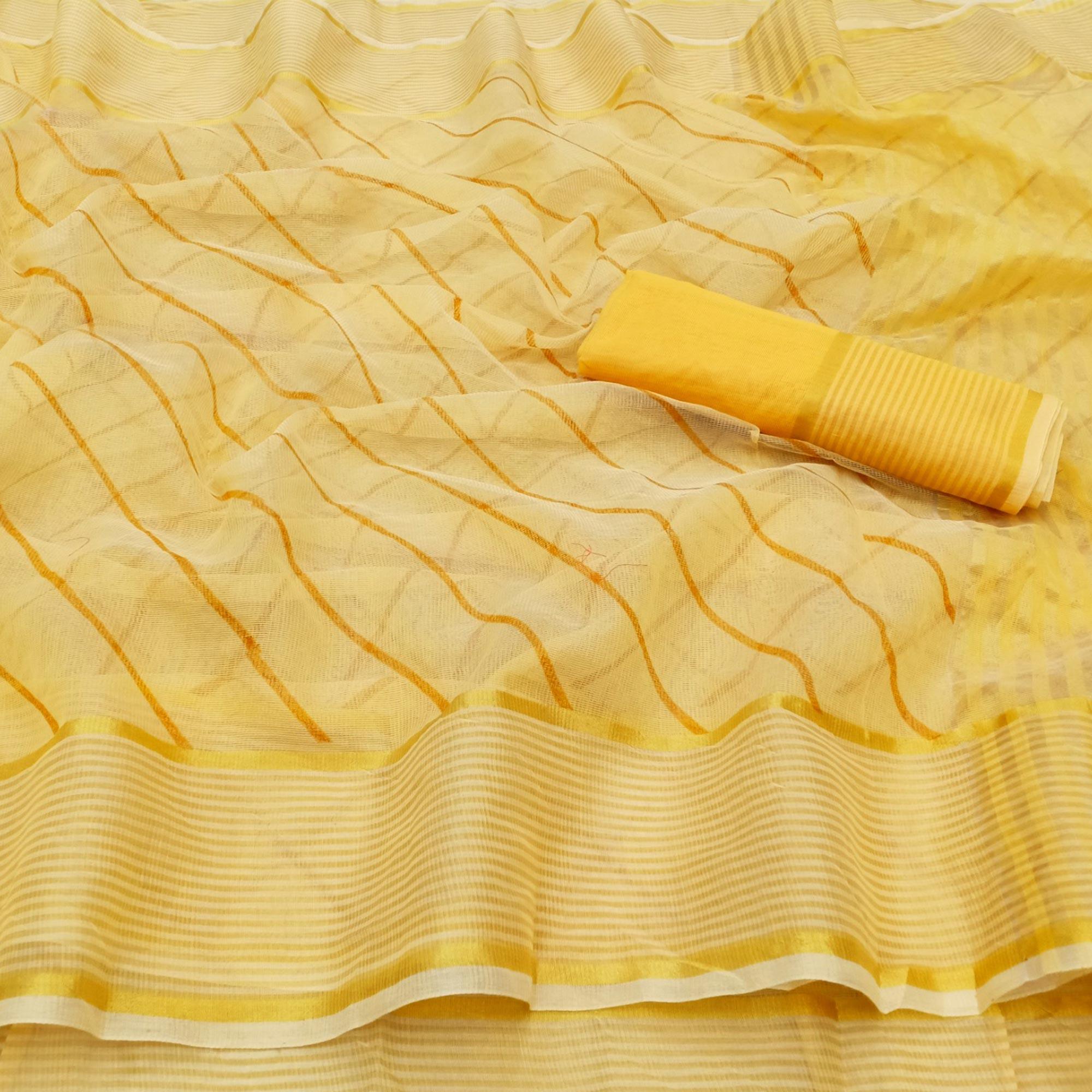 Yellow Stripe Printed Kota Doria Saree With Tassels - Peachmode