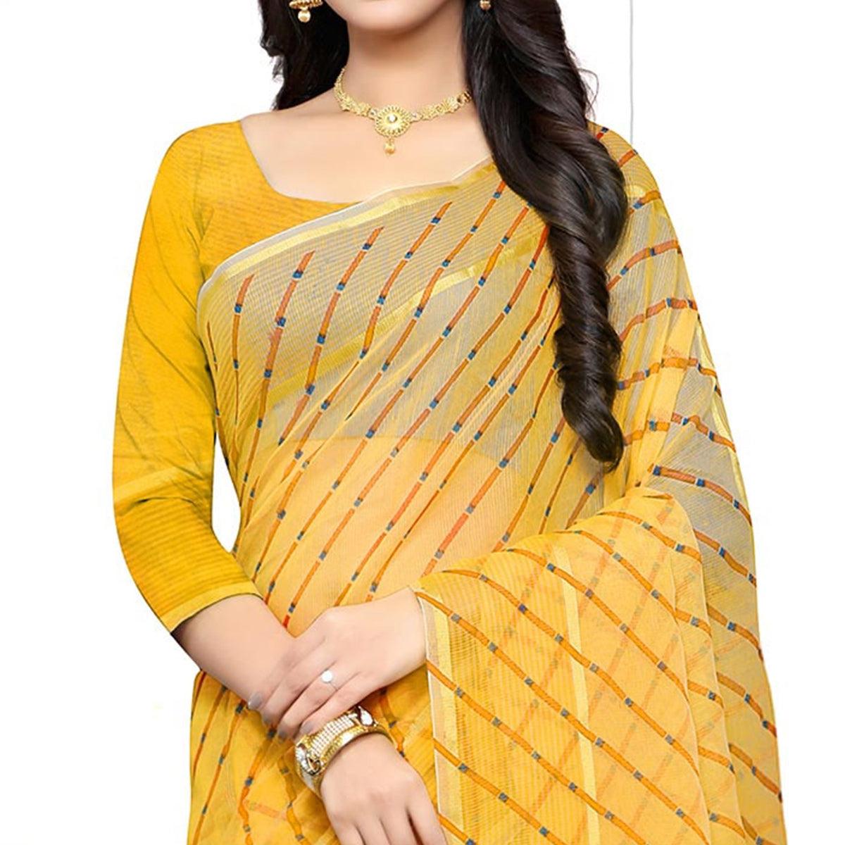 Yellow Stripe Printed Kota Doria Saree With Tassels - Peachmode