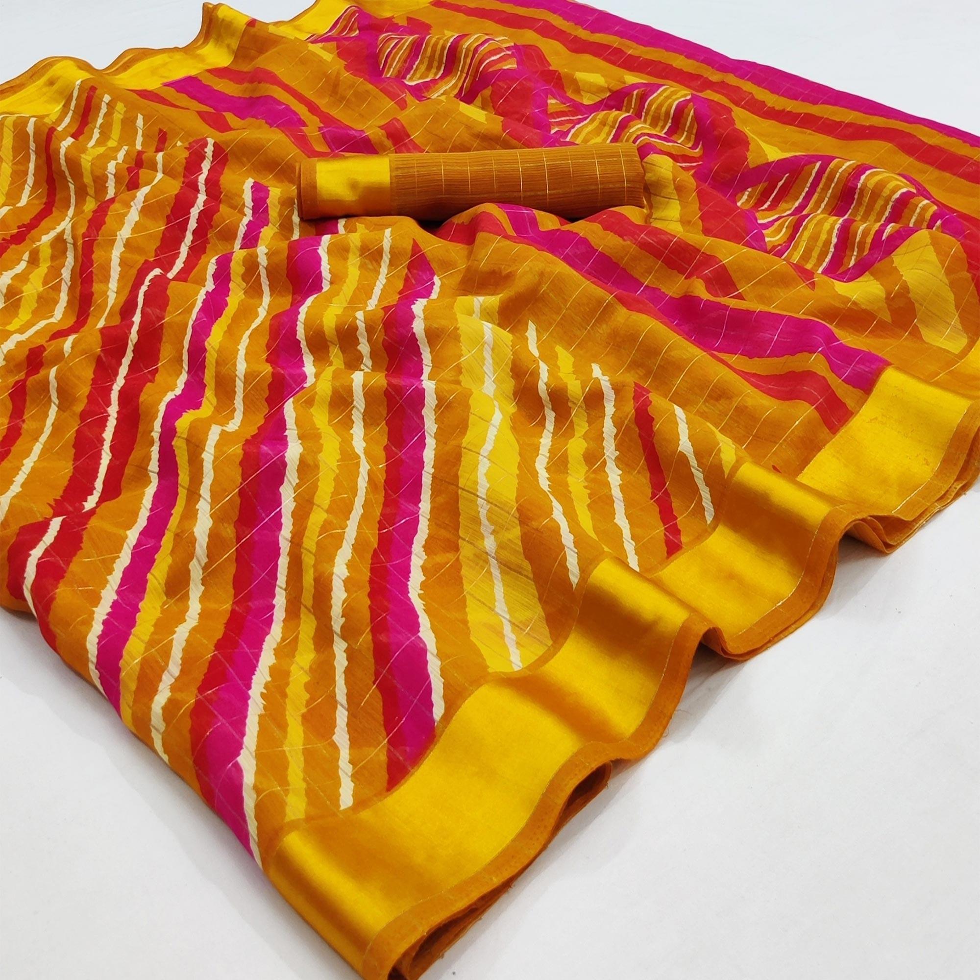 Yellow Stripe Printed Linen Saree - Peachmode