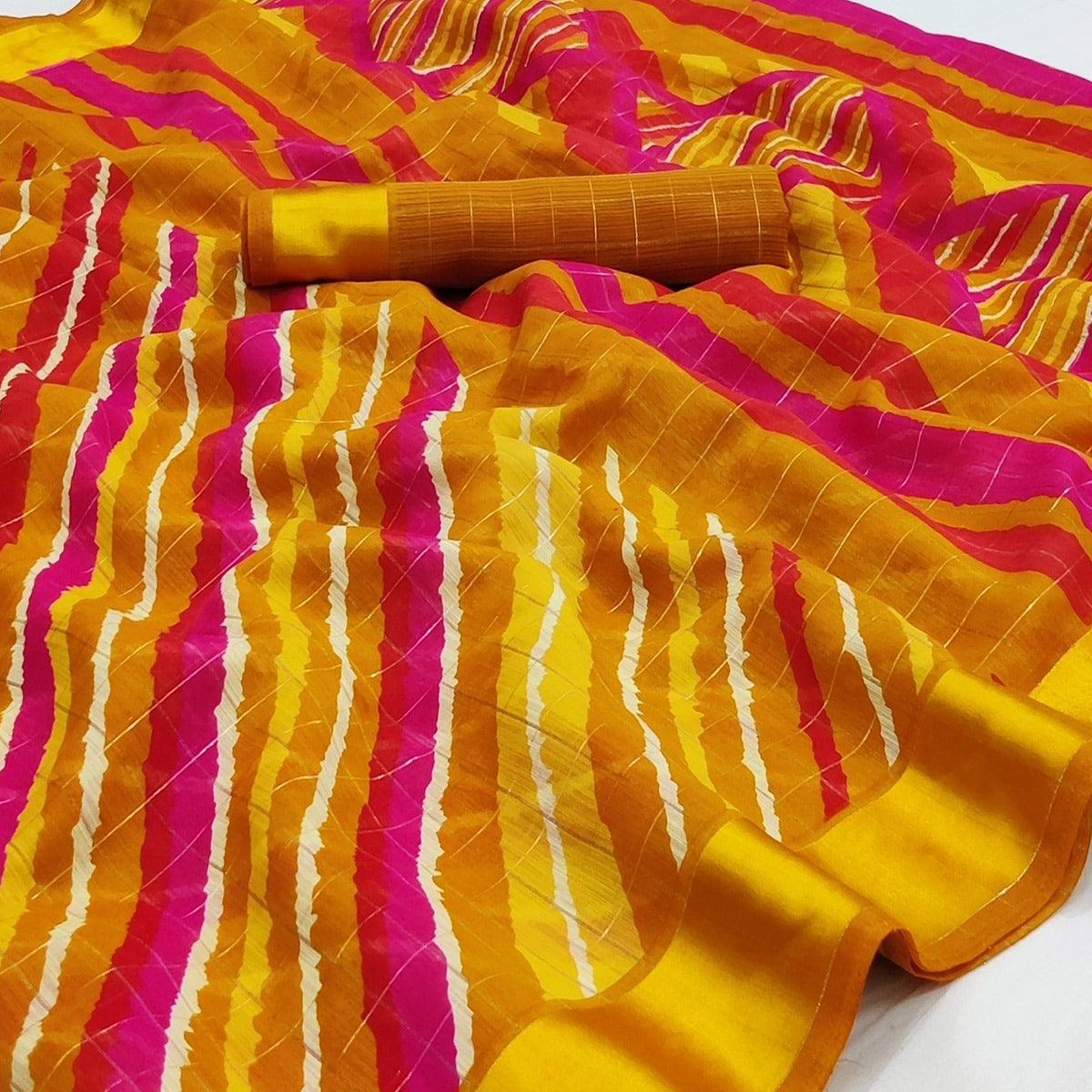 Yellow Stripe Printed Linen Saree - Peachmode